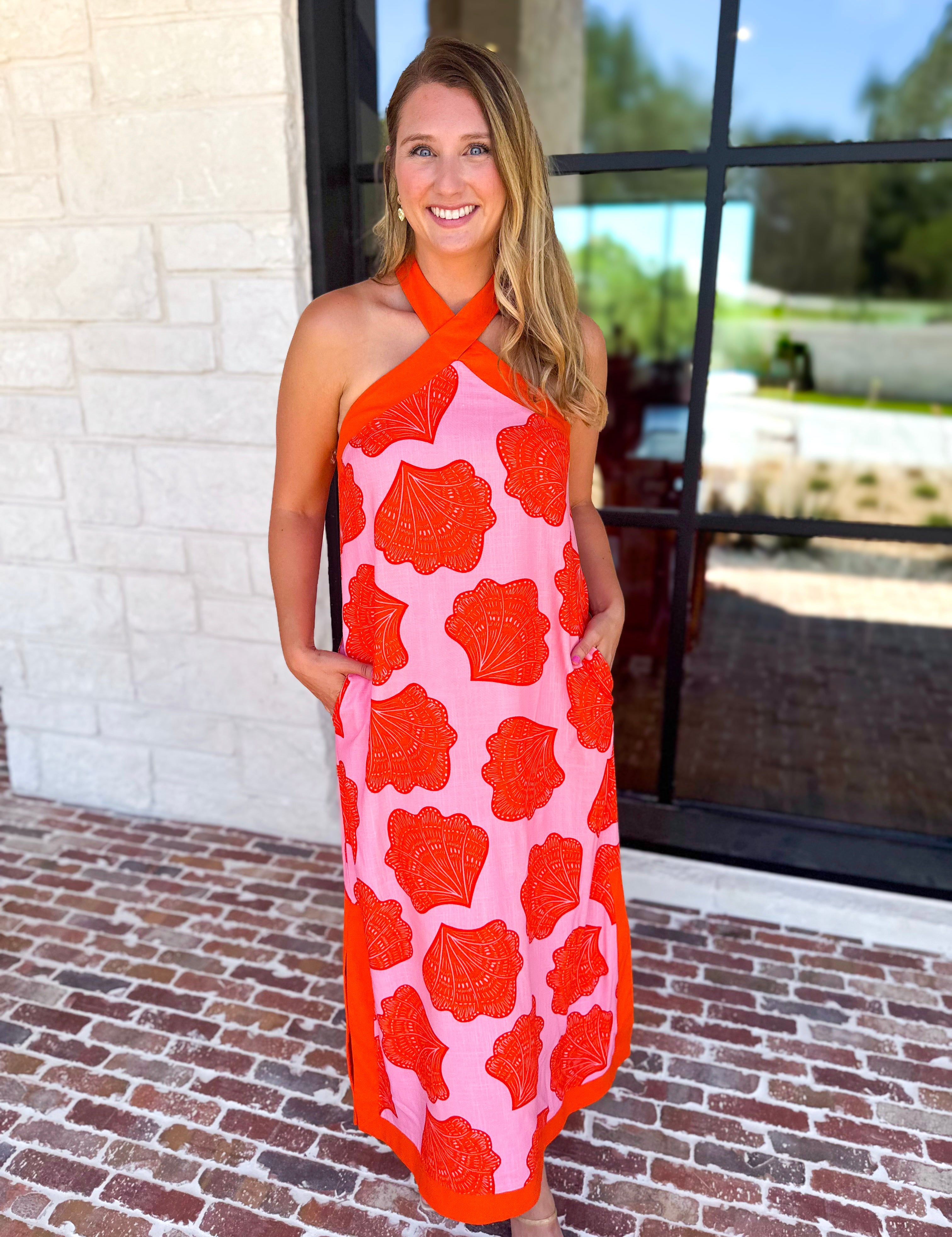 Shell & Shine Halter Midi Dress-500 Midi-ENTRO-July & June Women's Fashion Boutique Located in San Antonio, Texas