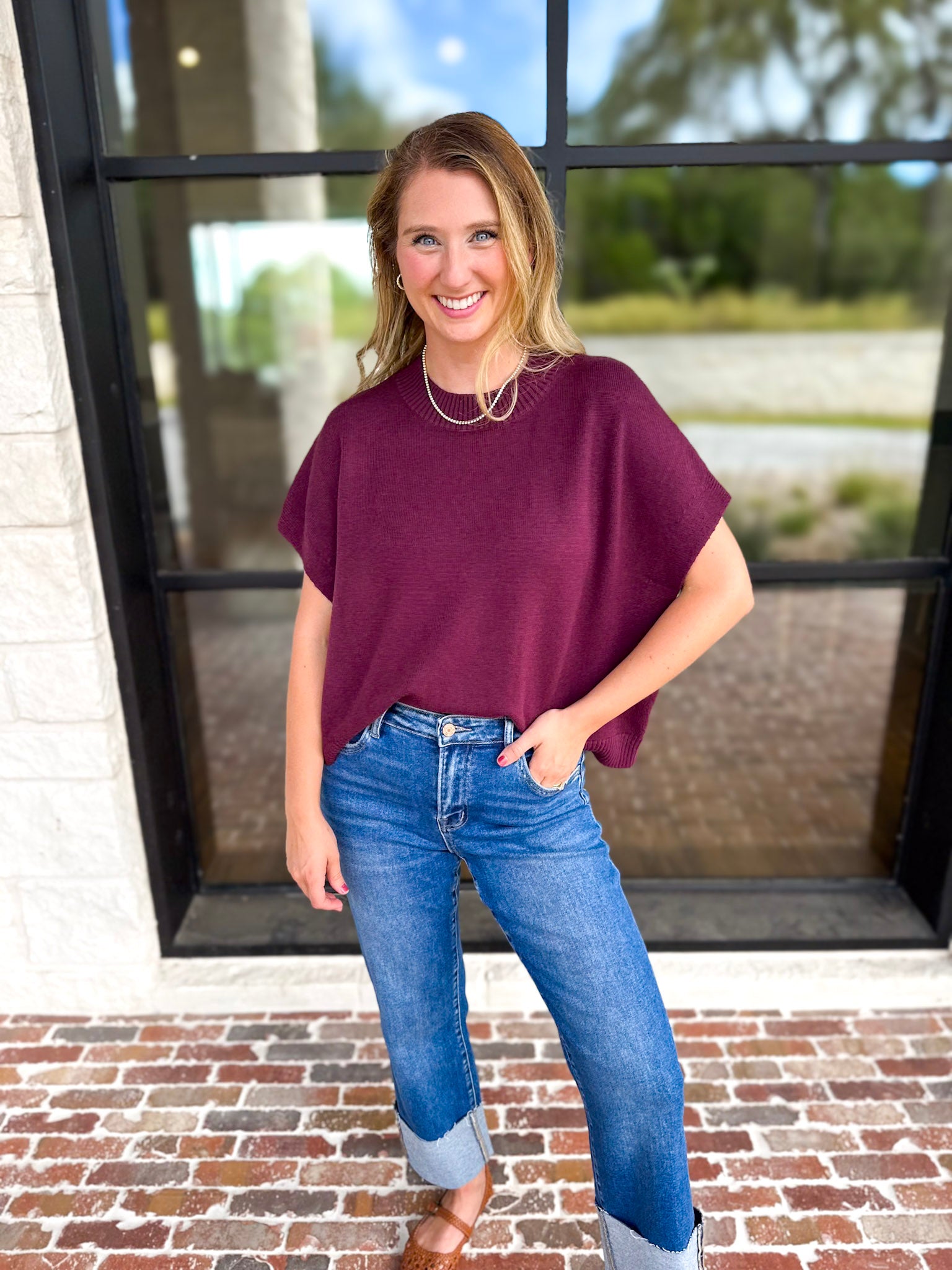 Easy Going Short Sleeve Knit Top - Burgundy-230 Sweaters/Cardis-PINCH-July & June Women's Fashion Boutique Located in San Antonio, Texas