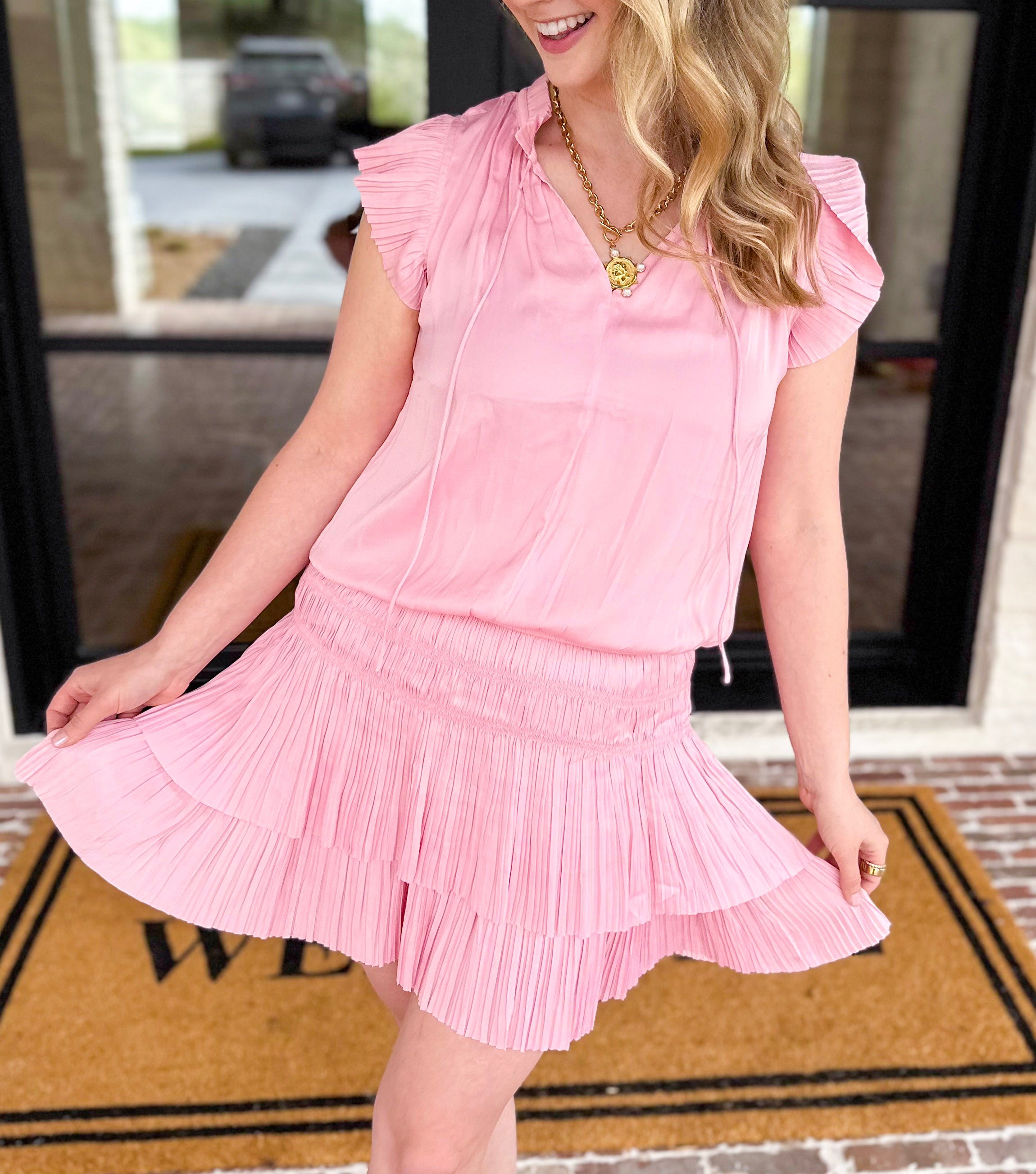 Current Air - Satin Party Mini Dress - Blush-510 Mini-CURRENT AIR CLOTHING-July & June Women's Fashion Boutique Located in San Antonio, Texas