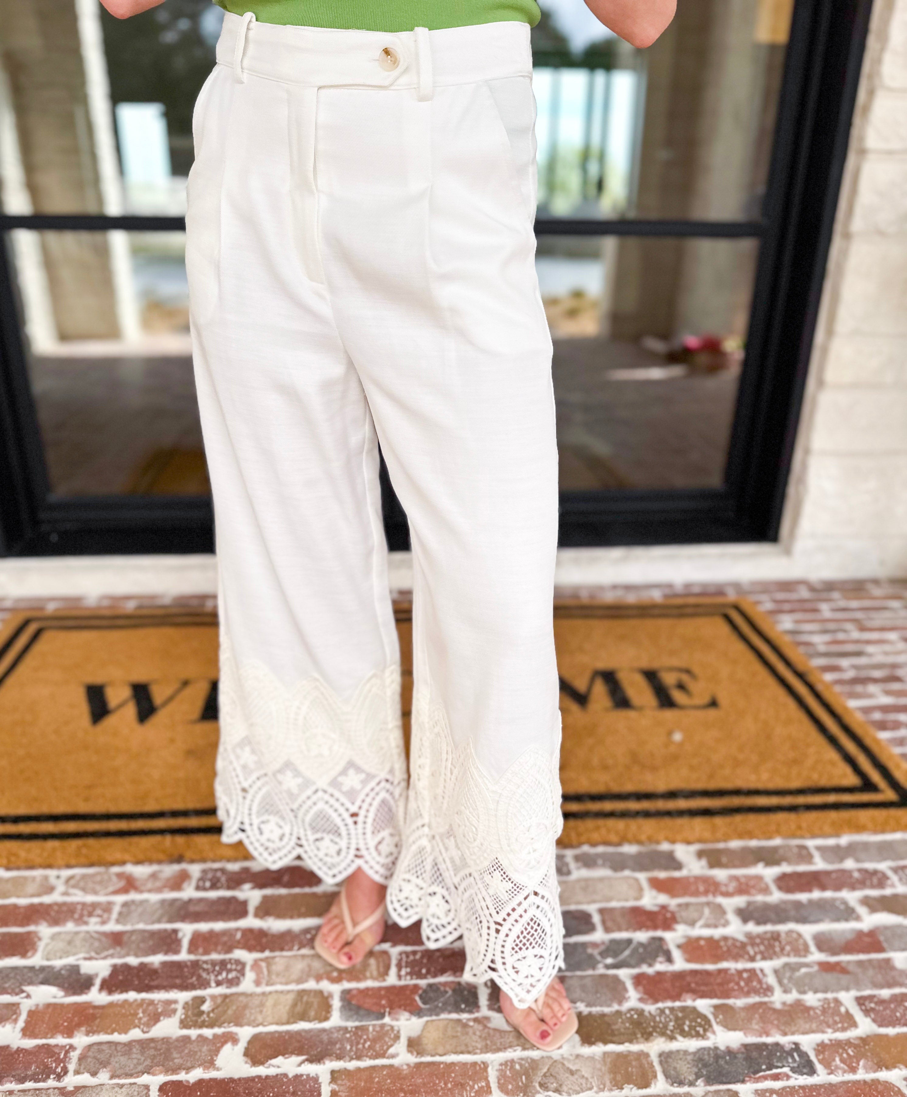 Current Air - Ivory Pants w/ Crochet Details-400 Pants-CURRENT AIR CLOTHING-July & June Women's Fashion Boutique Located in San Antonio, Texas