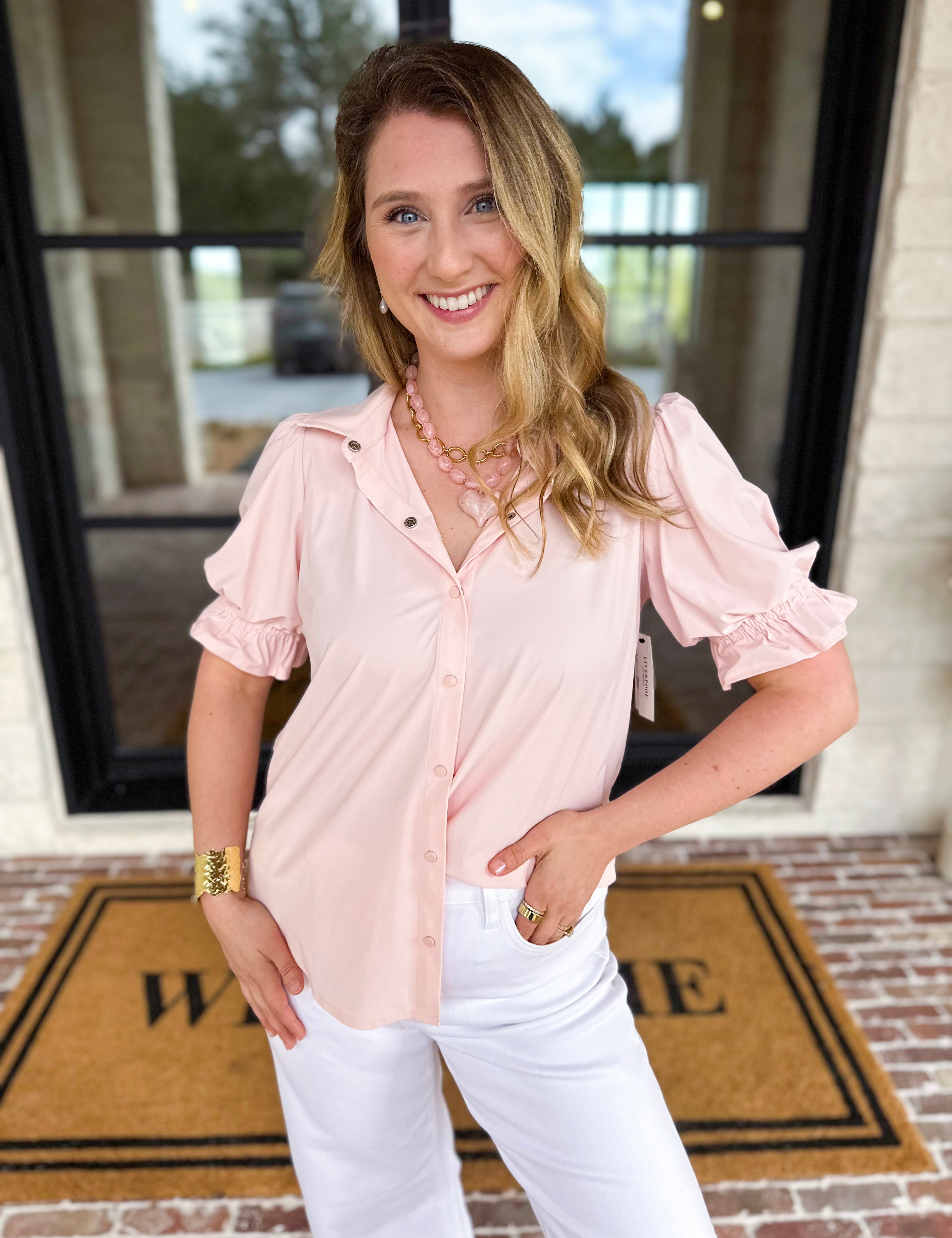 LIVERPOOL - Light Pink Button Down Blouse-200 Fashion Blouses-LIVERPOOL JEANS COMPANY-July & June Women's Fashion Boutique Located in San Antonio, Texas