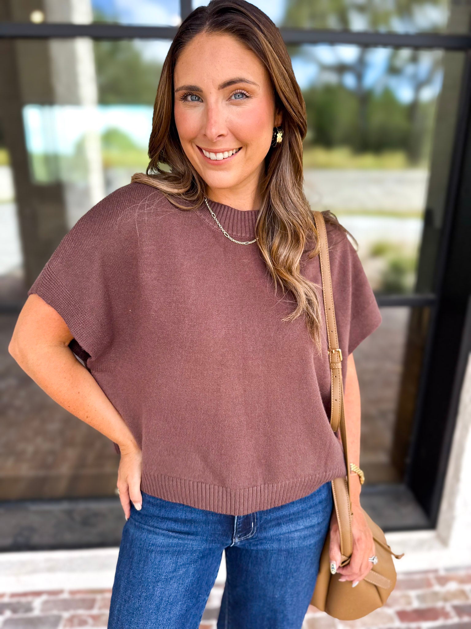 Easy Going Short Sleeve Knit Top - Espresso-230 Sweaters/Cardis-PINCH-July & June Women's Fashion Boutique Located in San Antonio, Texas