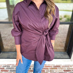 The Sarah Tie Button Down - Espresso-200 Fashion Blouses-ENTRO-July & June Women's Fashion Boutique Located in San Antonio, Texas