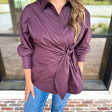 The Sarah Tie Button Down - Espresso-200 Fashion Blouses-ENTRO-July & June Women's Fashion Boutique Located in San Antonio, Texas