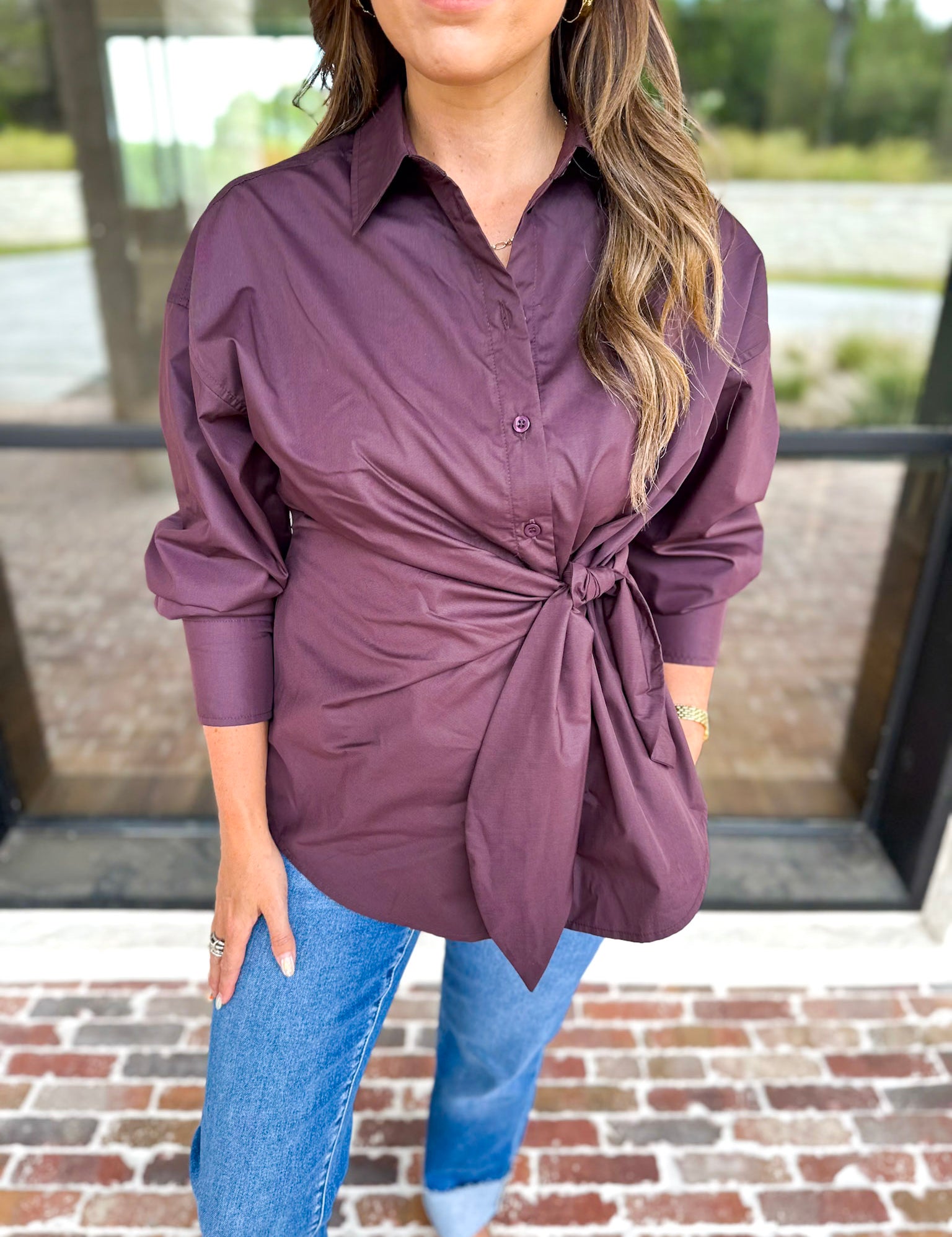 The Sarah Tie Button Down - Espresso-200 Fashion Blouses-ENTRO-July & June Women's Fashion Boutique Located in San Antonio, Texas