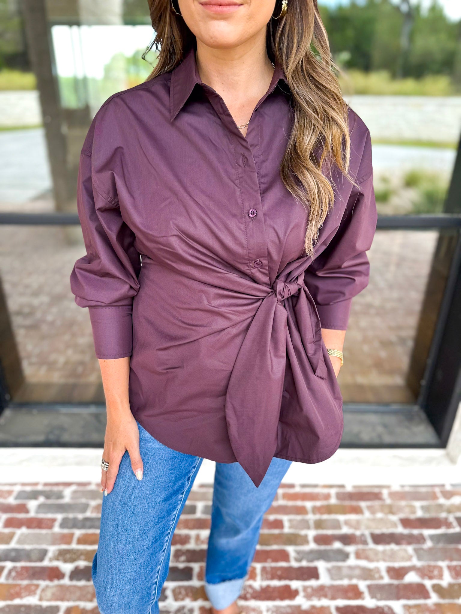 The Sarah Tie Button Down - Espresso-200 Fashion Blouses-ENTRO-July & June Women's Fashion Boutique Located in San Antonio, Texas