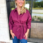 The Sarah Tie Button Down - Deep Berry-200 Fashion Blouses-ENTRO-July & June Women's Fashion Boutique Located in San Antonio, Texas