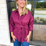 The Sarah Tie Button Down - Deep Berry-200 Fashion Blouses-ENTRO-July & June Women's Fashion Boutique Located in San Antonio, Texas