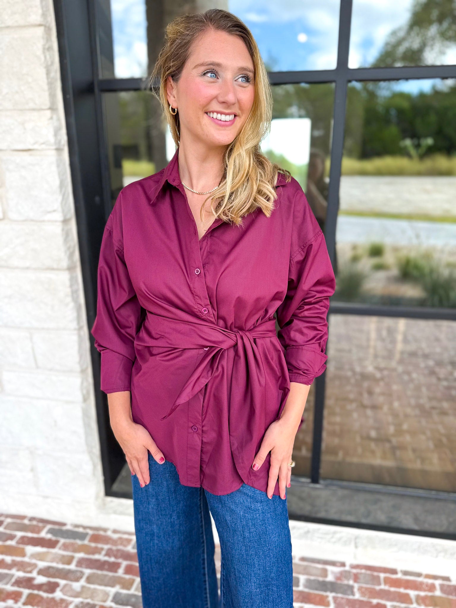 The Sarah Tie Button Down - Deep Berry-200 Fashion Blouses-ENTRO-July & June Women's Fashion Boutique Located in San Antonio, Texas