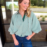 Gingham Bubble Blouse - Hunter Green-200 Fashion Blouses-ENTRO-July & June Women's Fashion Boutique Located in San Antonio, Texas