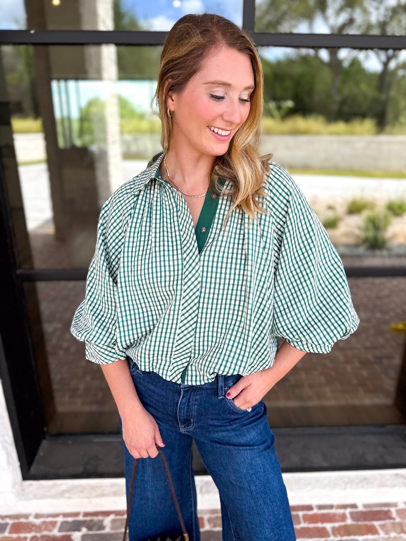 Gingham Bubble Blouse - Hunter Green-200 Fashion Blouses-ENTRO-July & June Women's Fashion Boutique Located in San Antonio, Texas