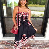Floral Pleated Midi Dress - Black-500 Midi-ENTRO-July & June Women's Fashion Boutique Located in San Antonio, Texas