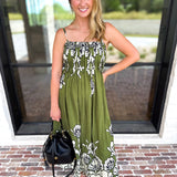 Floral Pleated Midi Dress - Moss Green-500 Midi-ENTRO-July & June Women's Fashion Boutique Located in San Antonio, Texas