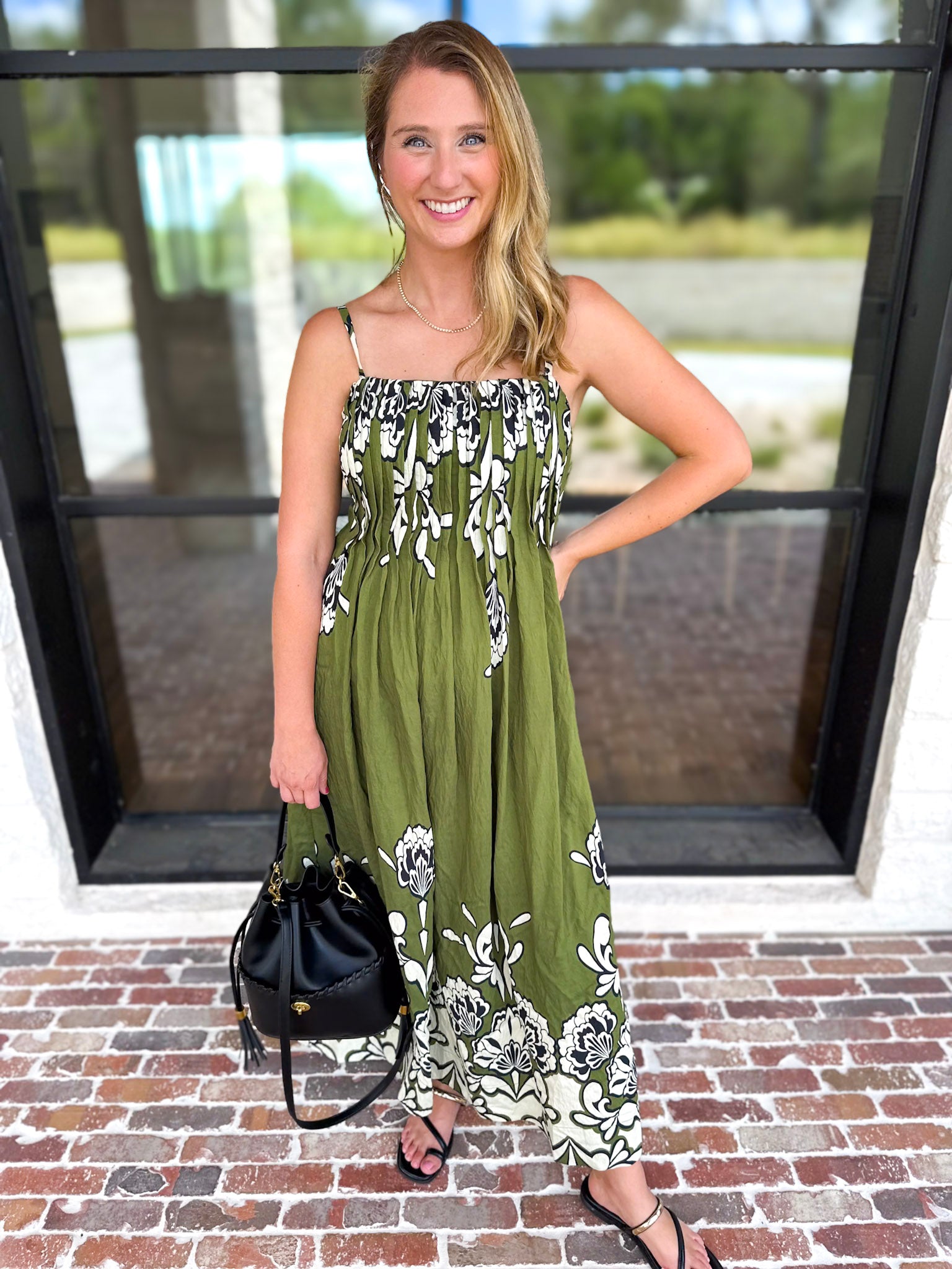 Floral Pleated Midi Dress - Moss Green-500 Midi-ENTRO-July & June Women's Fashion Boutique Located in San Antonio, Texas