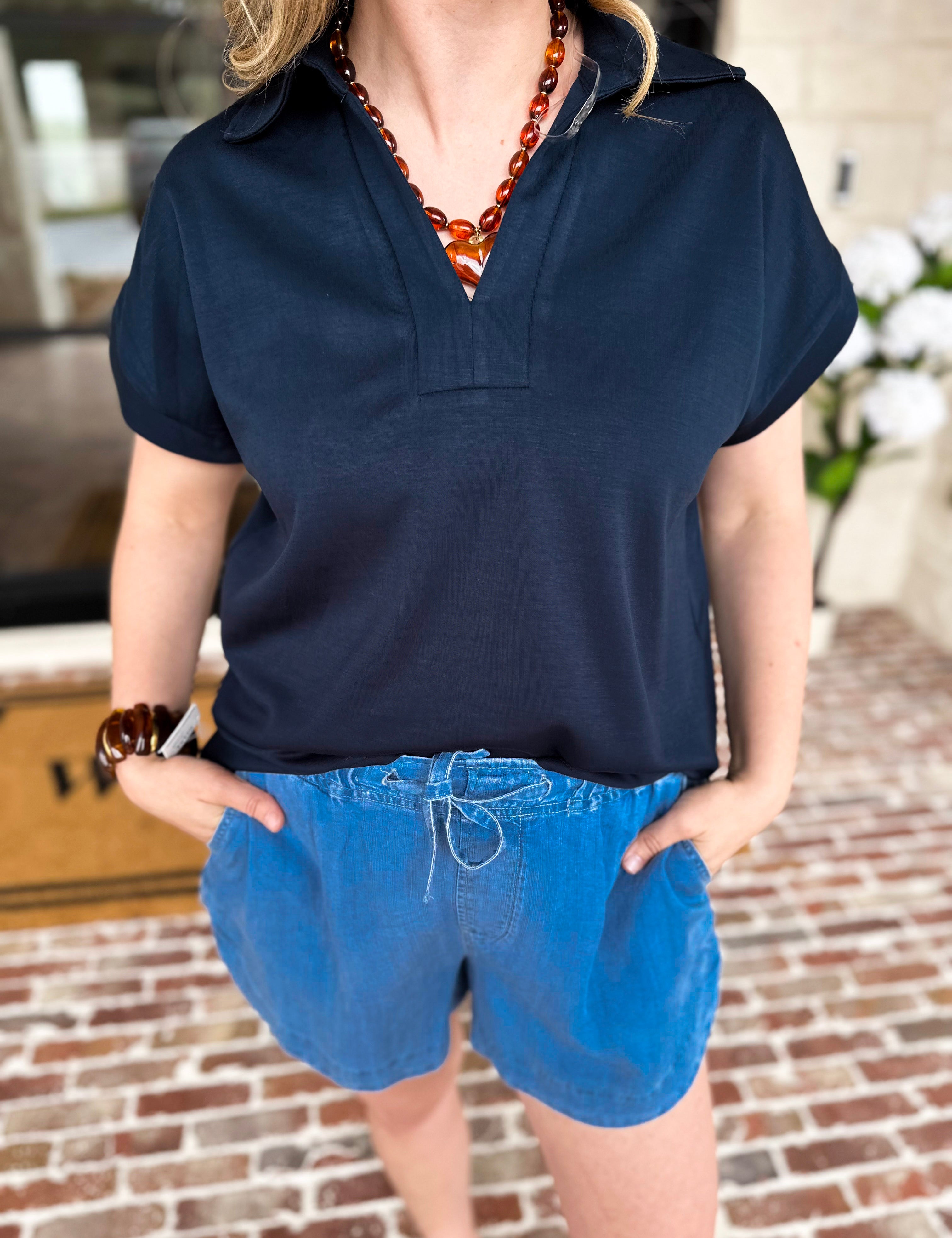 The Soft Collared Top - Navy-210 Casual Blouses-ENTRO-July & June Women's Fashion Boutique Located in San Antonio, Texas