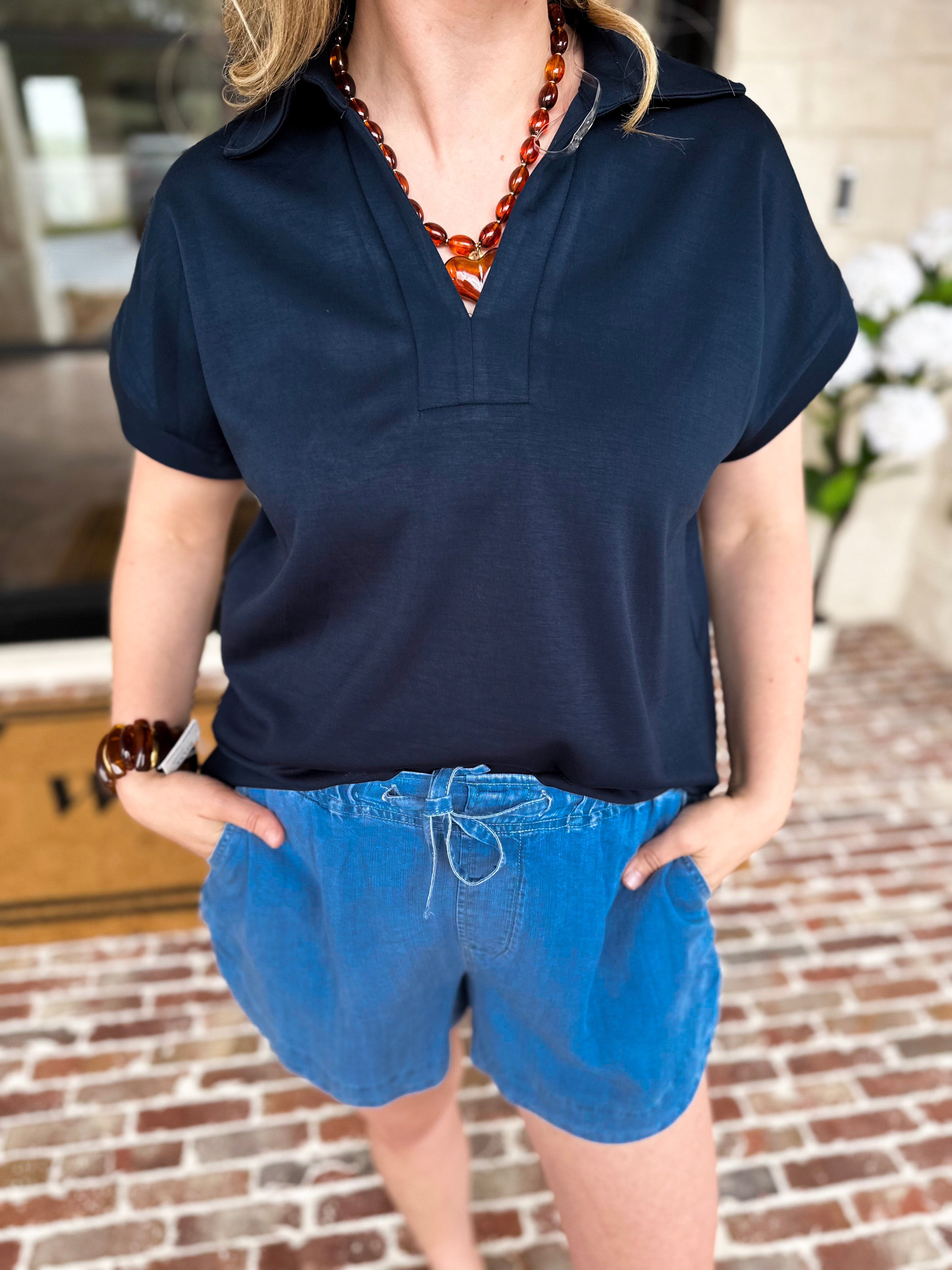 The Soft Collared Top - Navy-210 Casual Blouses-ENTRO-July & June Women's Fashion Boutique Located in San Antonio, Texas
