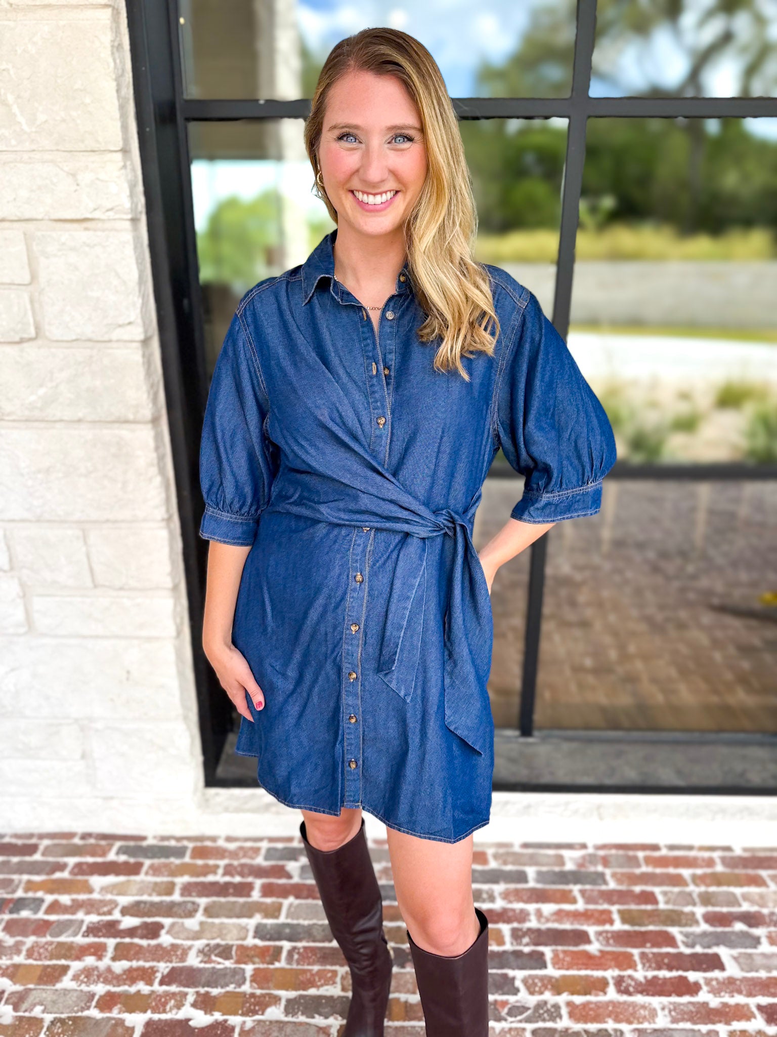 Denim Wrap Mini Dress-510 Mini-ENTRO-July & June Women's Fashion Boutique Located in San Antonio, Texas