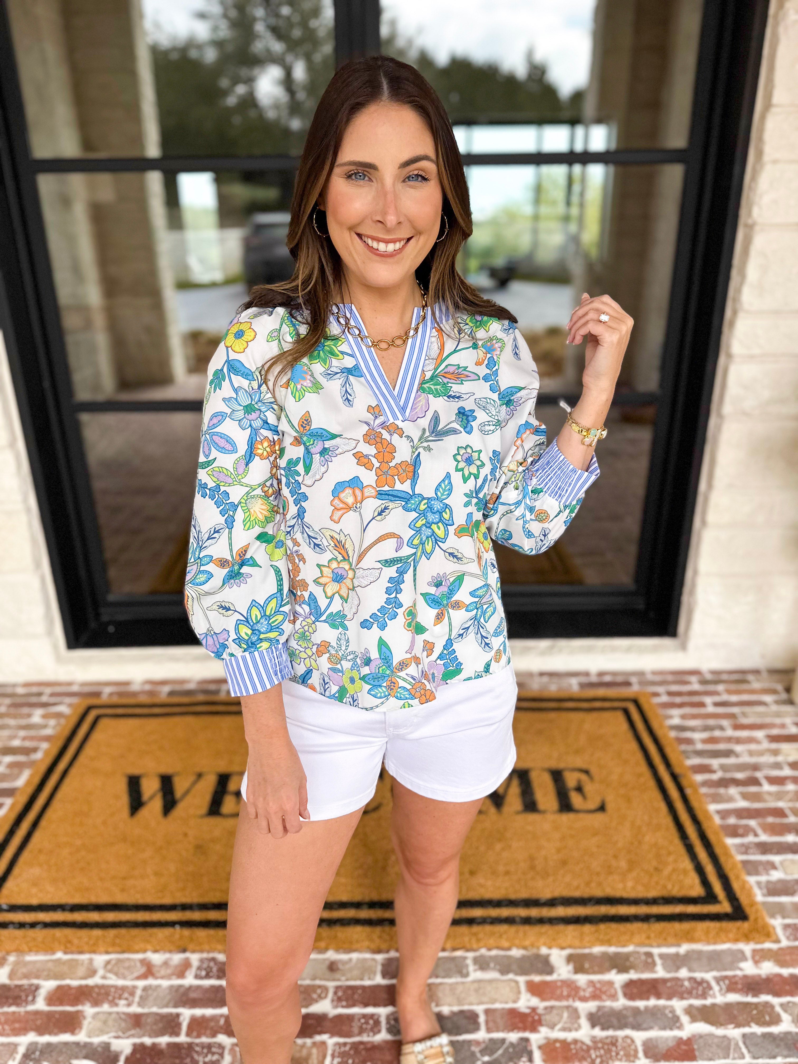 Current Air - Floral Contrast Stripe Blouse-200 Fashion Blouses-CURRENT AIR CLOTHING-July & June Women's Fashion Boutique Located in San Antonio, Texas