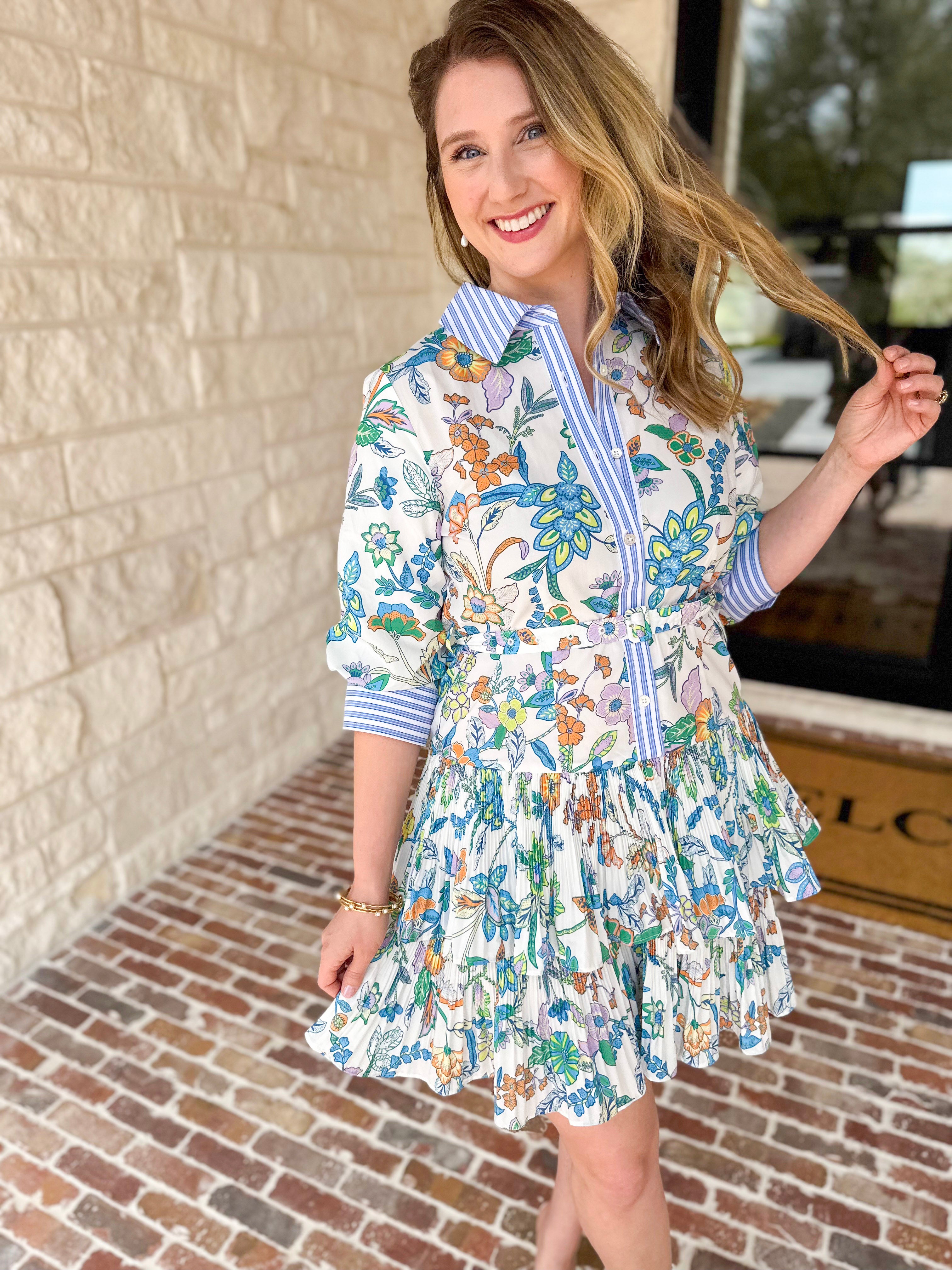 Current Air - Floral Contrast Stripe Mini Dress-510 Mini-CURRENT AIR CLOTHING-July & June Women's Fashion Boutique Located in San Antonio, Texas