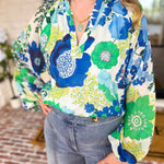 THML - Blue & Green Florals Blouse-200 Fashion Blouses-THML-July & June Women's Fashion Boutique Located in San Antonio, Texas