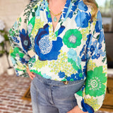 THML - Blue & Green Florals Blouse-200 Fashion Blouses-THML-July & June Women's Fashion Boutique Located in San Antonio, Texas