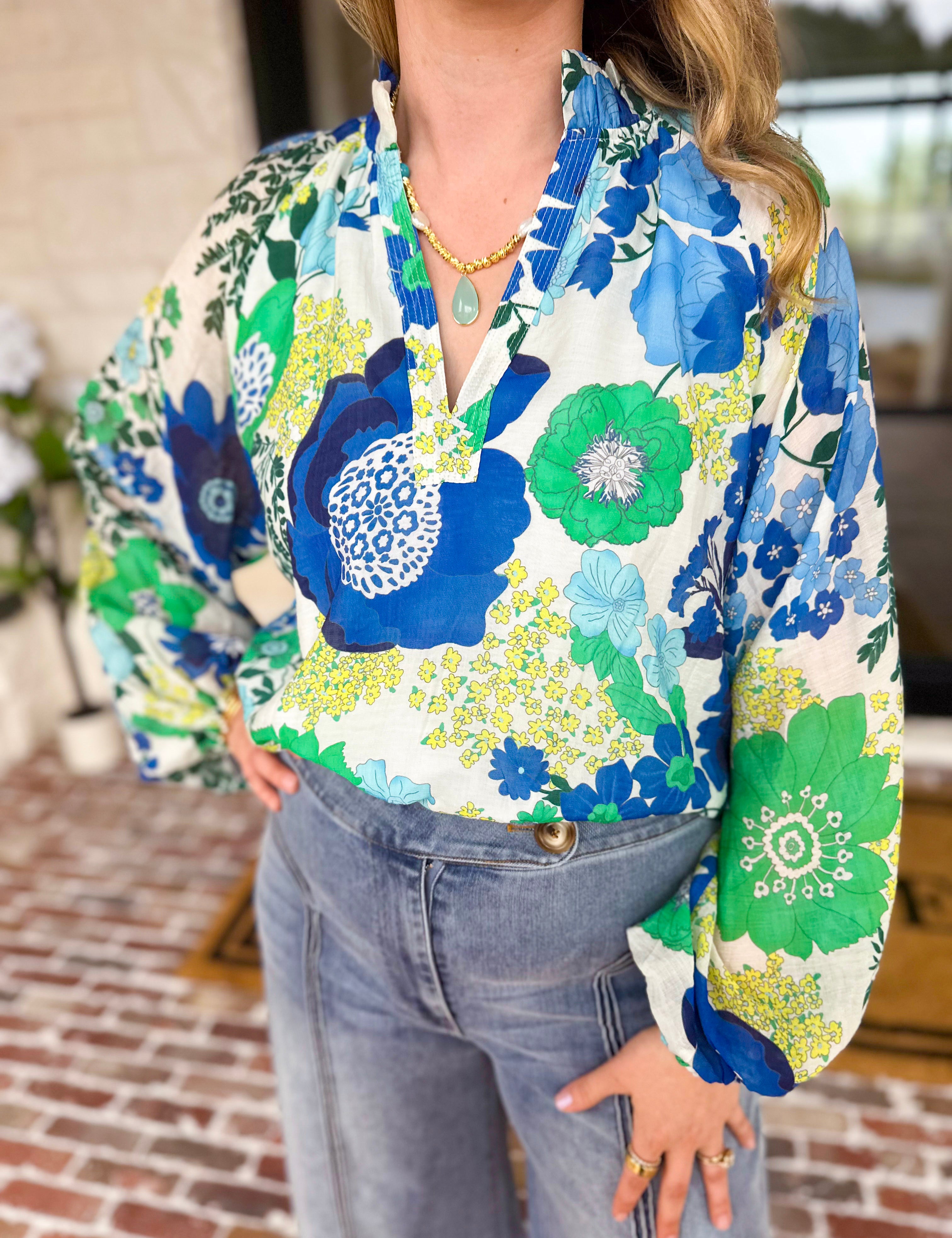 THML - Blue & Green Florals Blouse-200 Fashion Blouses-THML-July & June Women's Fashion Boutique Located in San Antonio, Texas