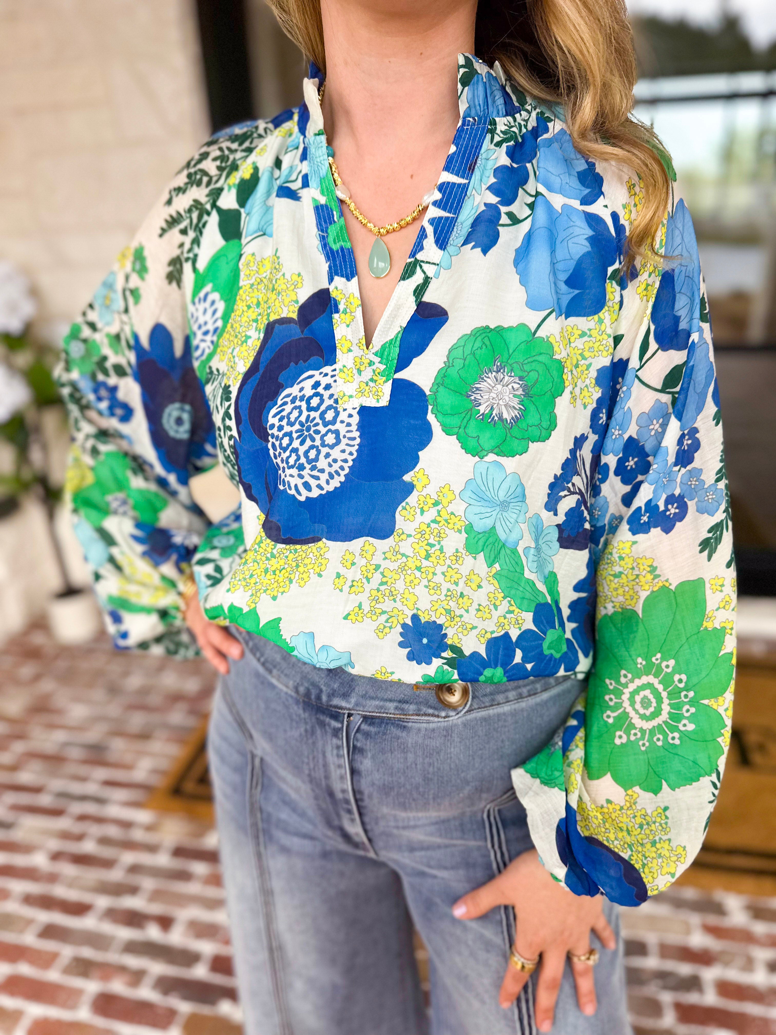 THML - Blue & Green Florals Blouse-200 Fashion Blouses-THML-July & June Women's Fashion Boutique Located in San Antonio, Texas
