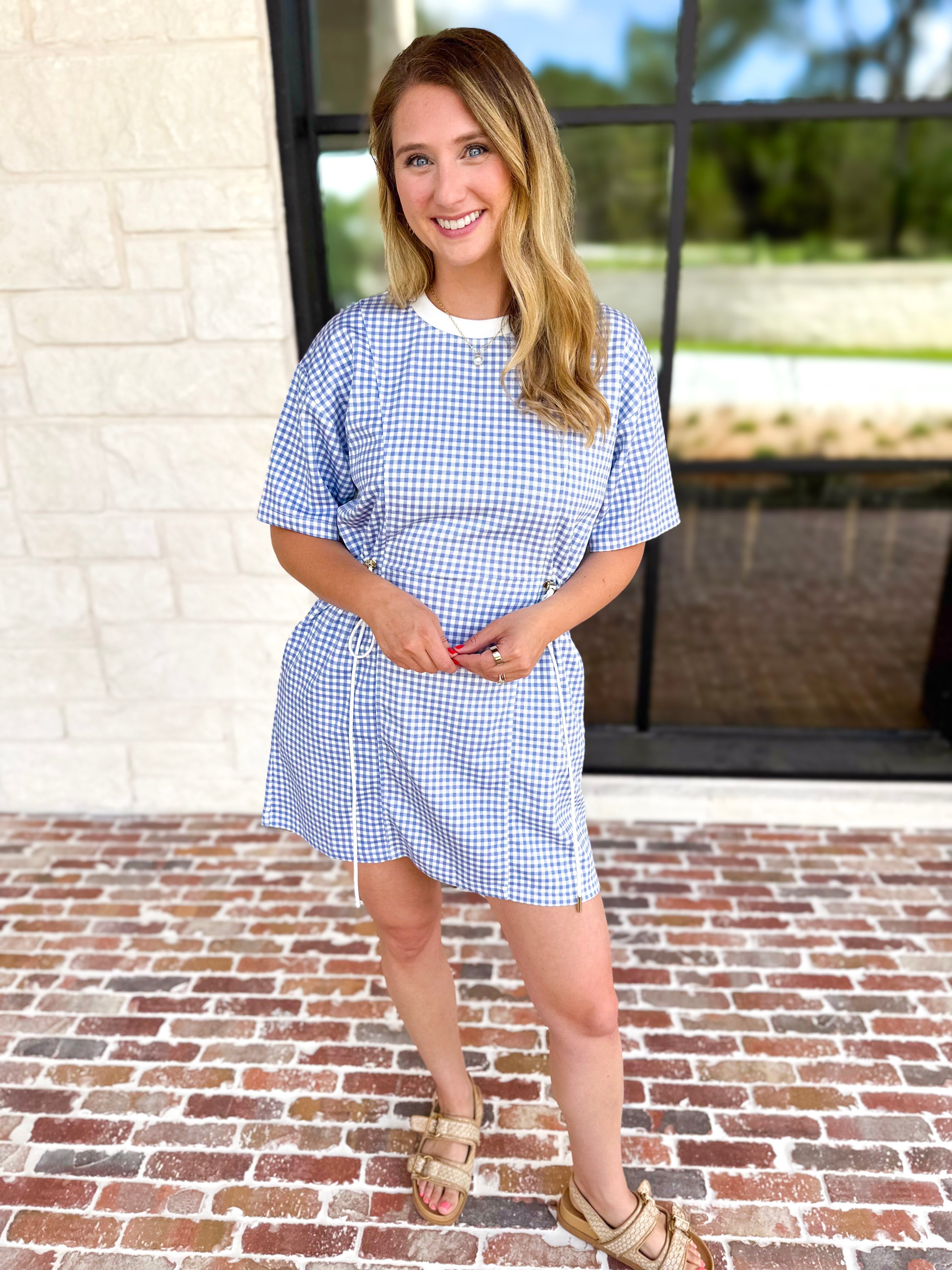 Blue Gingham On-The-Go Mini Dress-510 Mini-ENTRO-July & June Women's Fashion Boutique Located in San Antonio, Texas