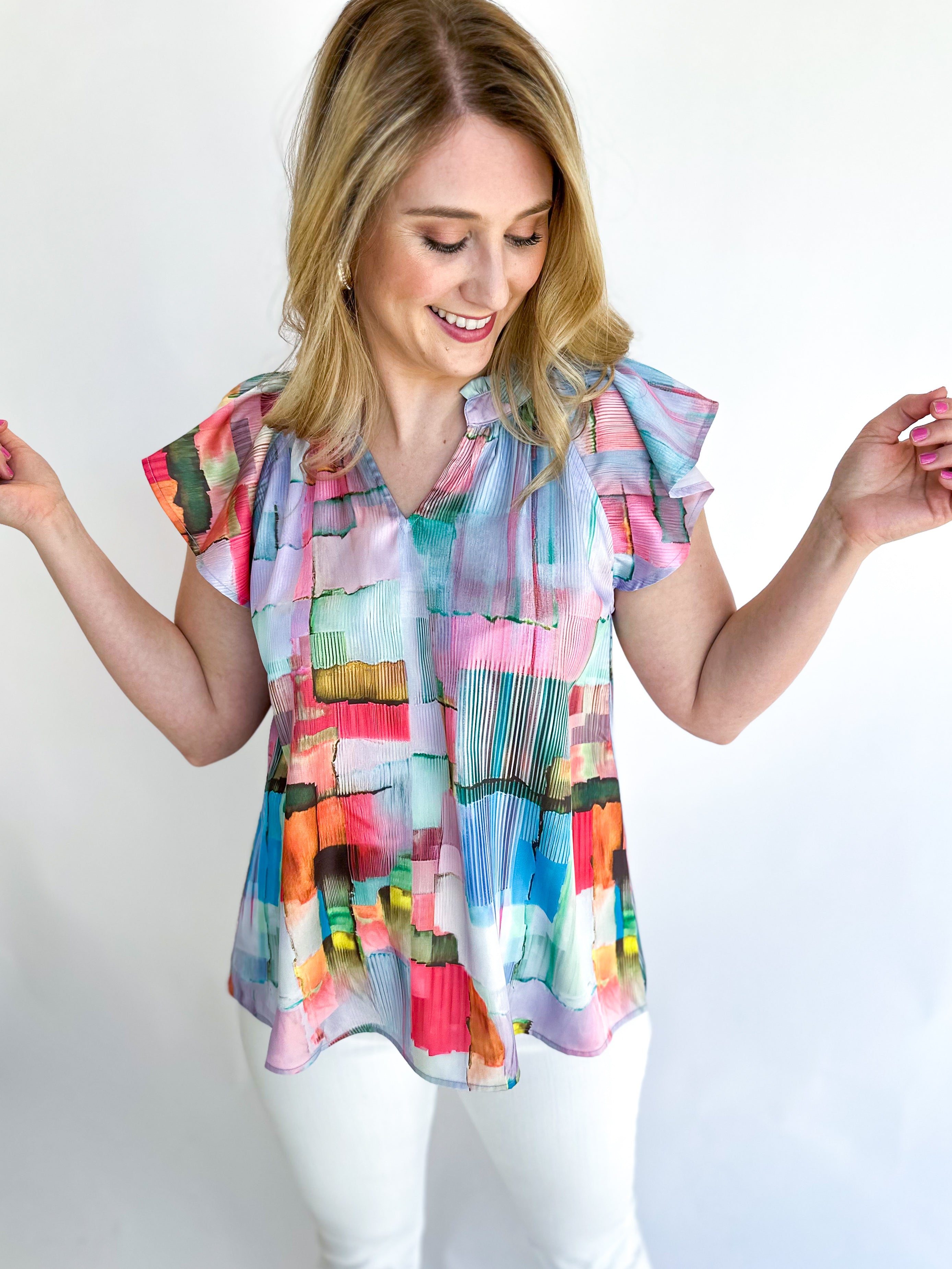 Watercolor Skies Blouse-200 Fashion Blouses-ENTRO-July & June Women's Fashion Boutique Located in San Antonio, Texas