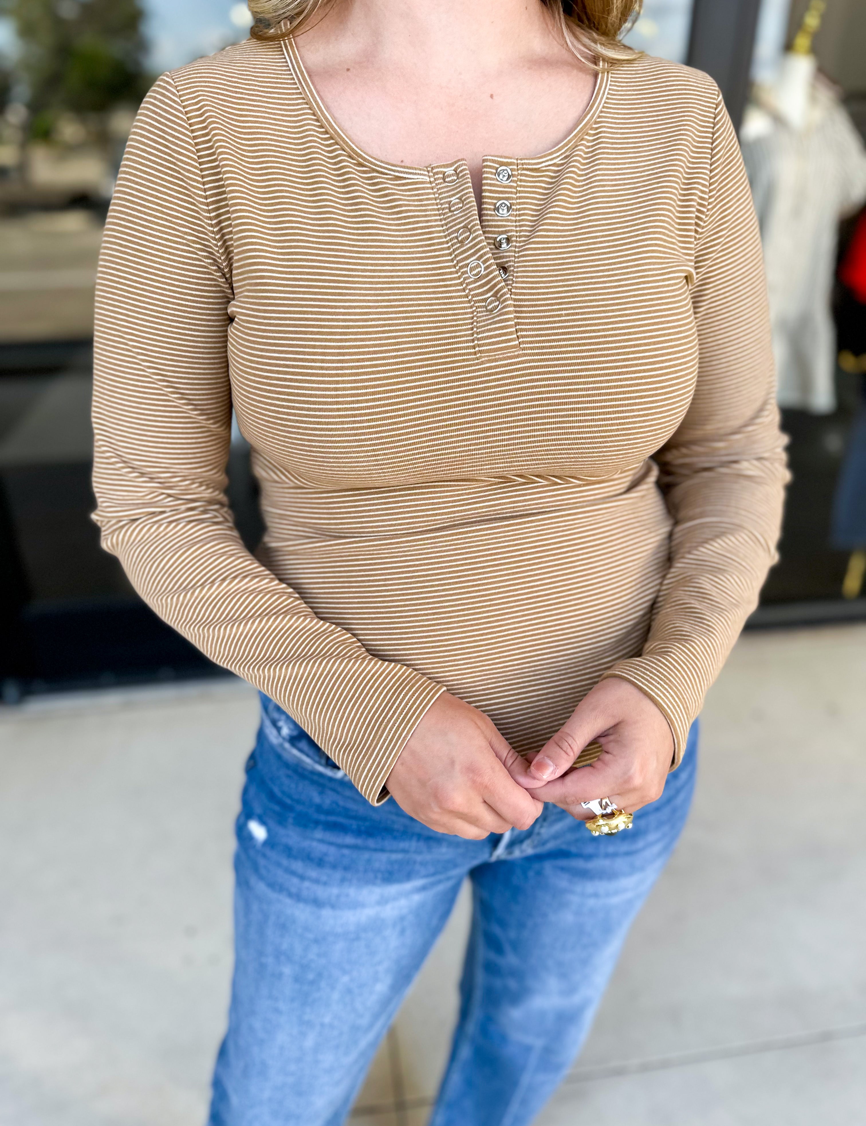 Henley Long Sleeve Basic Top - Camel-210 Casual Blouses-POLOGRAM-July & June Women's Fashion Boutique Located in San Antonio, Texas