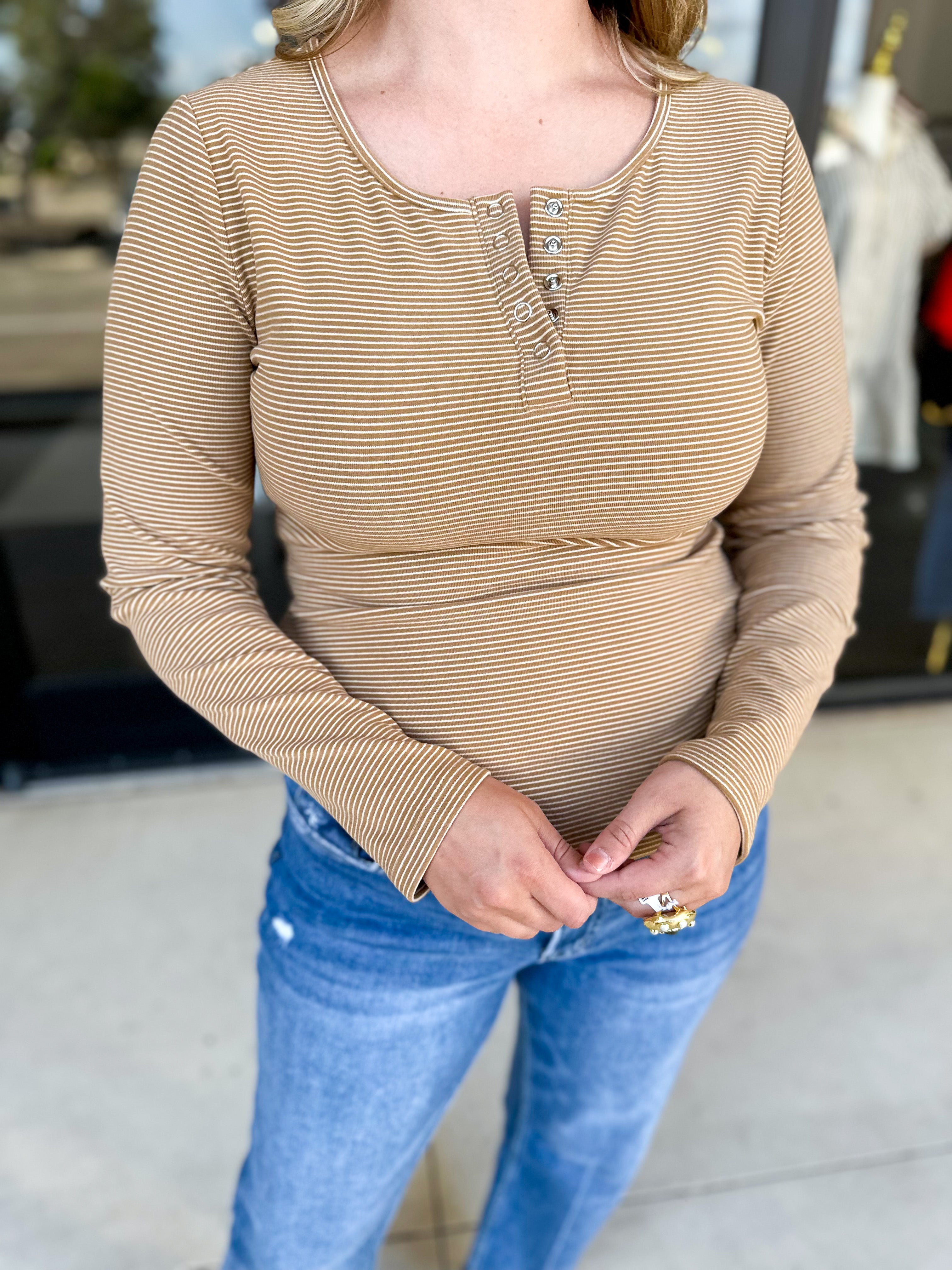 Henley Long Sleeve Basic Top - Camel-210 Casual Blouses-POLOGRAM-July & June Women's Fashion Boutique Located in San Antonio, Texas