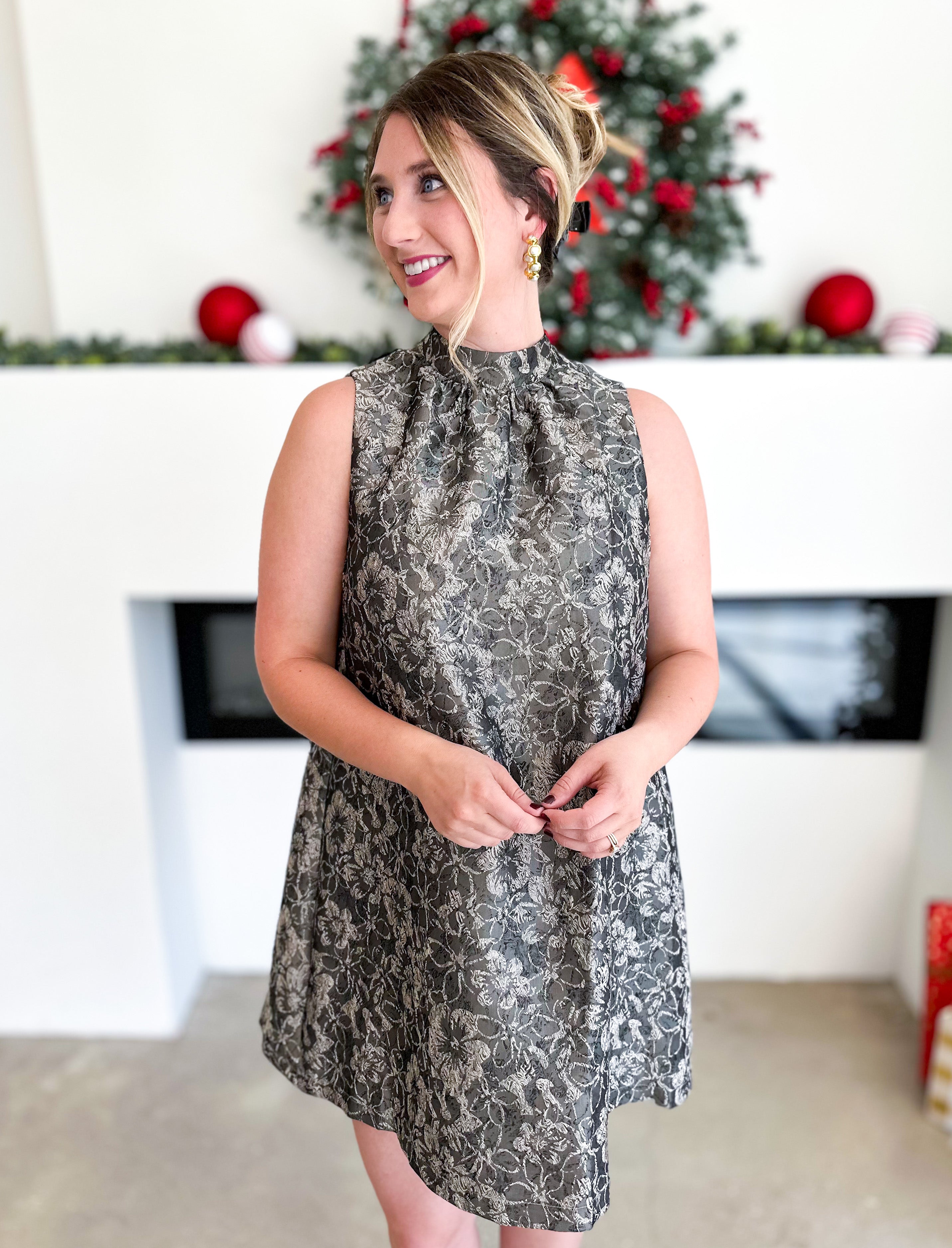 Olive Floral High Neck Mini Dress-510 Mini-FATE-July & June Women's Fashion Boutique Located in San Antonio, Texas