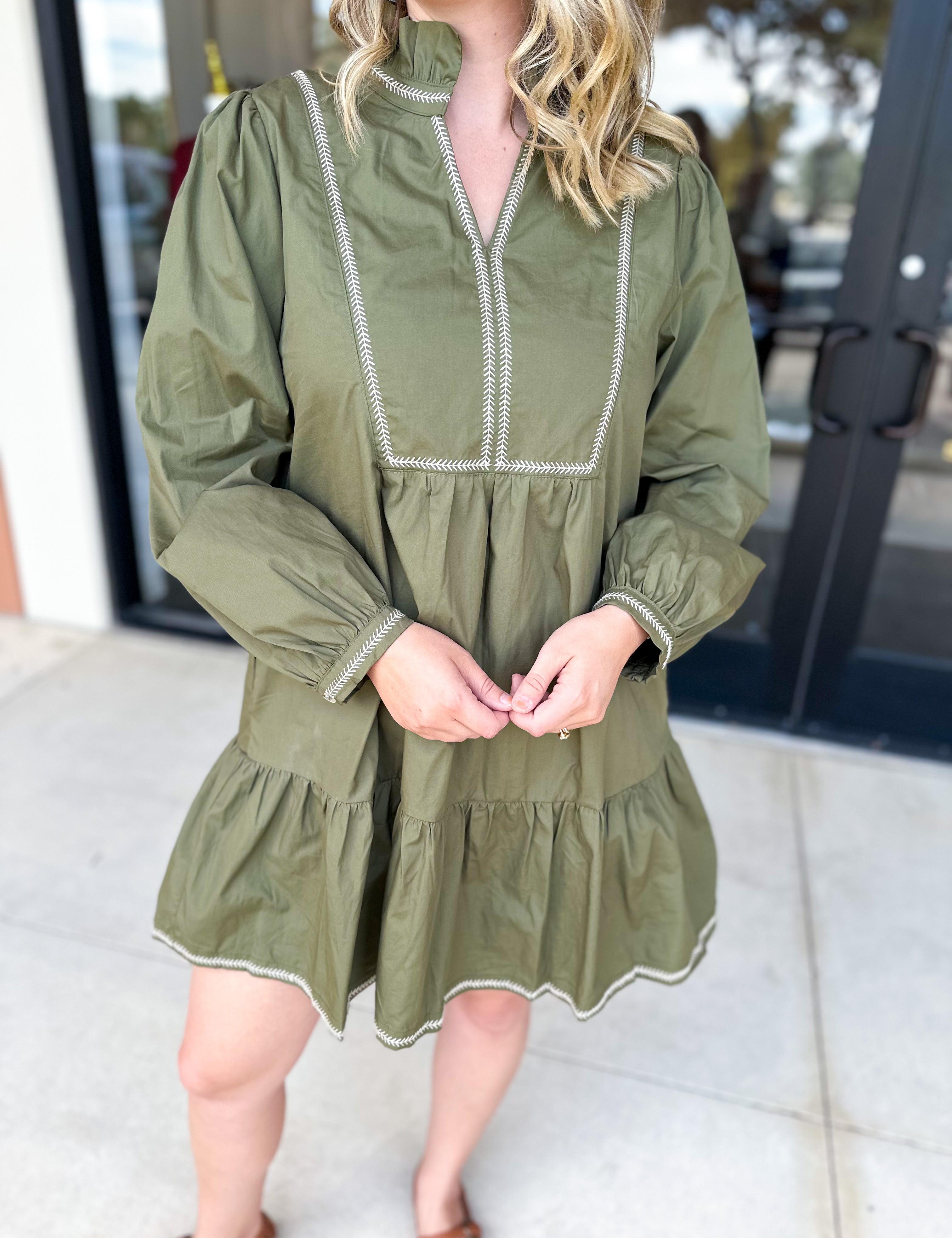 Olive Stitch Mini Dress-510 Mini-JODIFL-July & June Women's Fashion Boutique Located in San Antonio, Texas