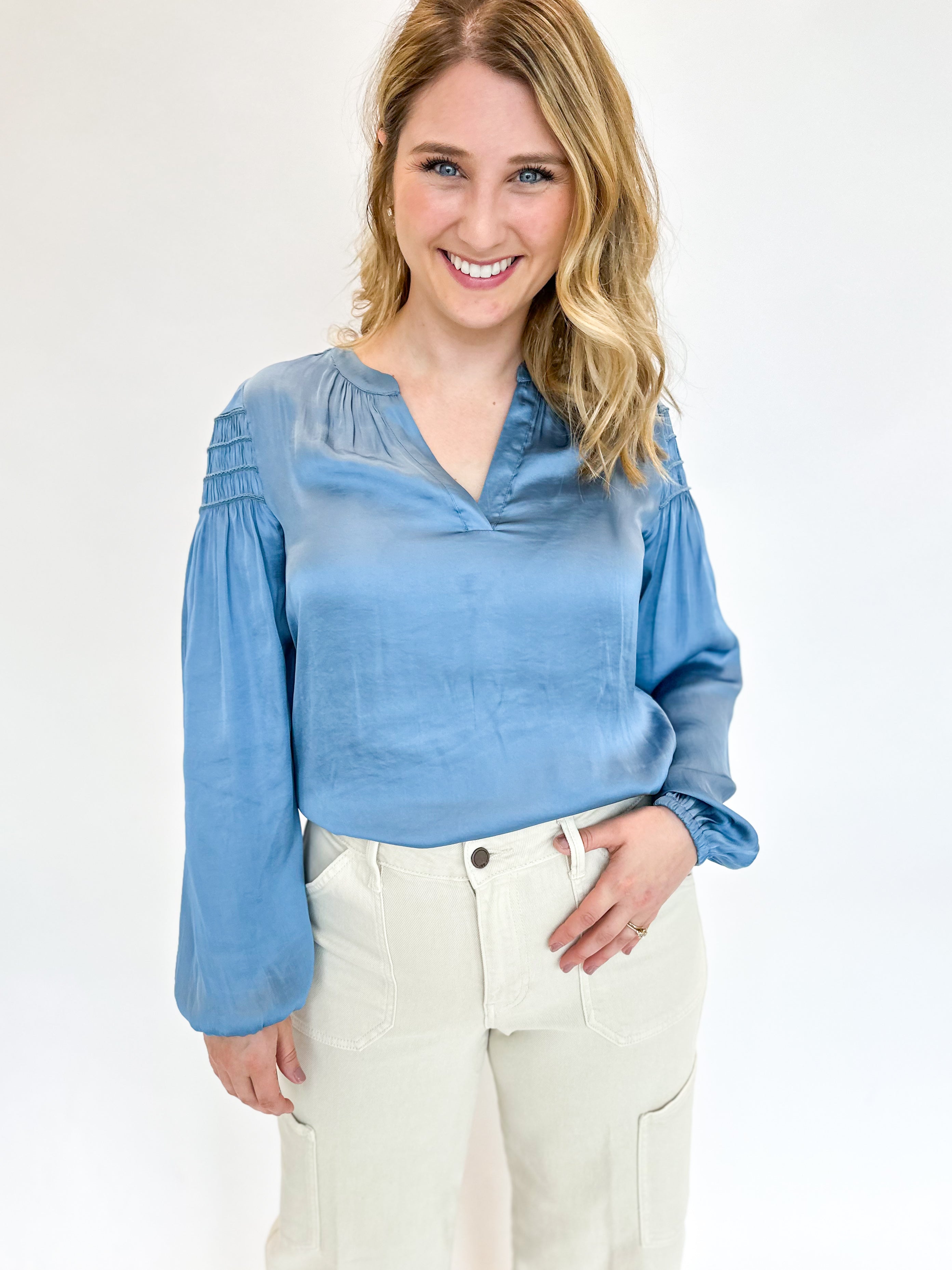 Dusty Sky Blouse-200 Fashion Blouses-CURRENT AIR CLOTHING-July & June Women's Fashion Boutique Located in San Antonio, Texas