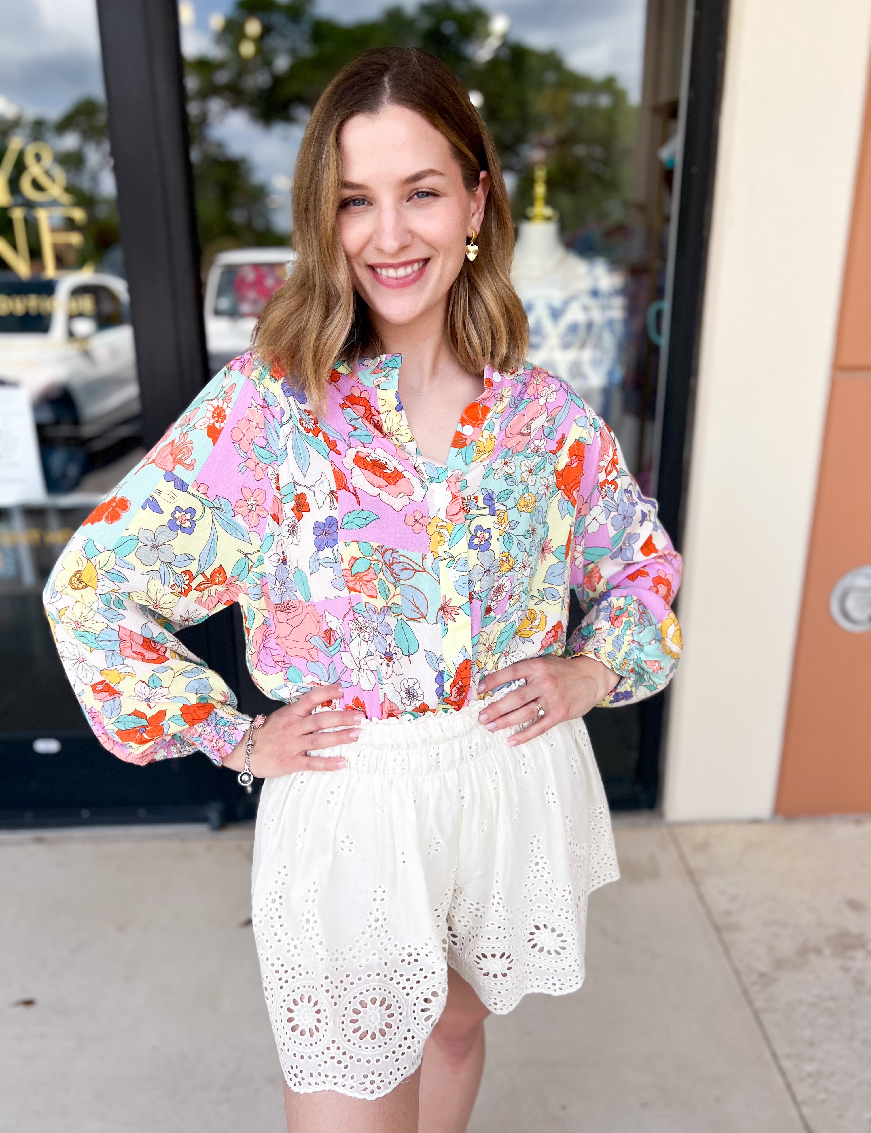 Lavender & Yellow Floral Blouse-200 Fashion Blouses-FATE-July & June Women's Fashion Boutique Located in San Antonio, Texas