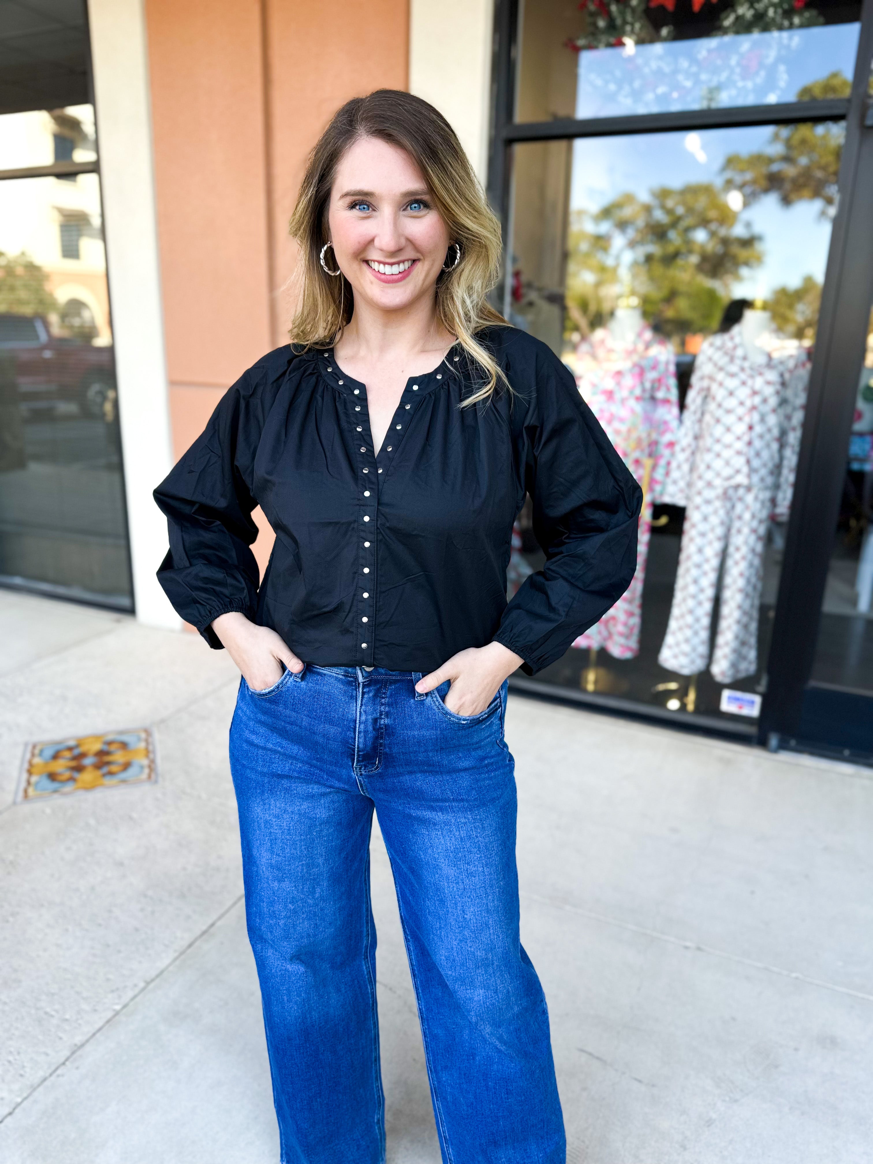 Studded Black Blouse-200 Fashion Blouses-TCEC-July & June Women's Fashion Boutique Located in San Antonio, Texas