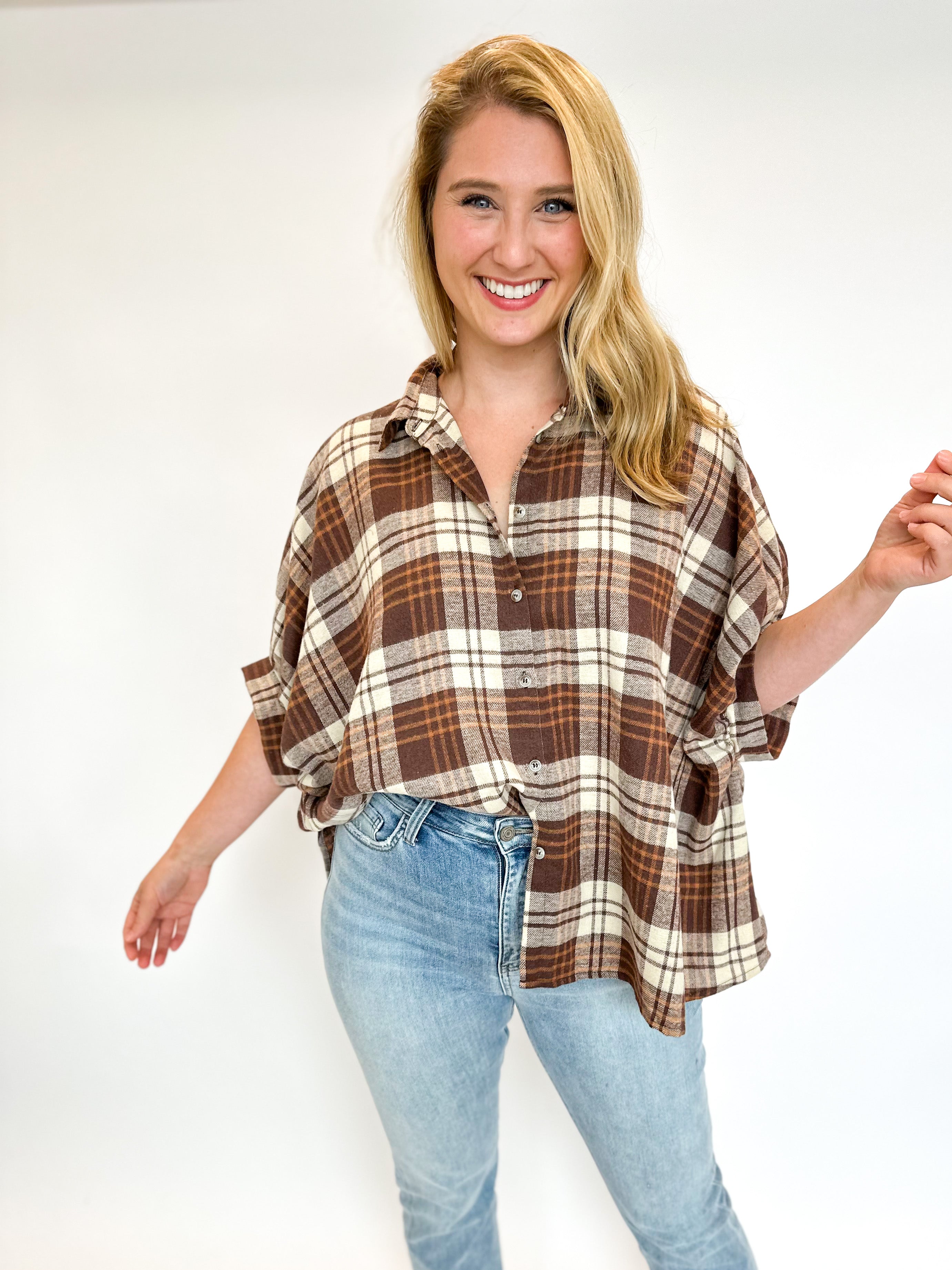 Mocha & Rust Fall Flannel Blouse-200 Fashion Blouses-DAY + MOON-July & June Women's Fashion Boutique Located in San Antonio, Texas