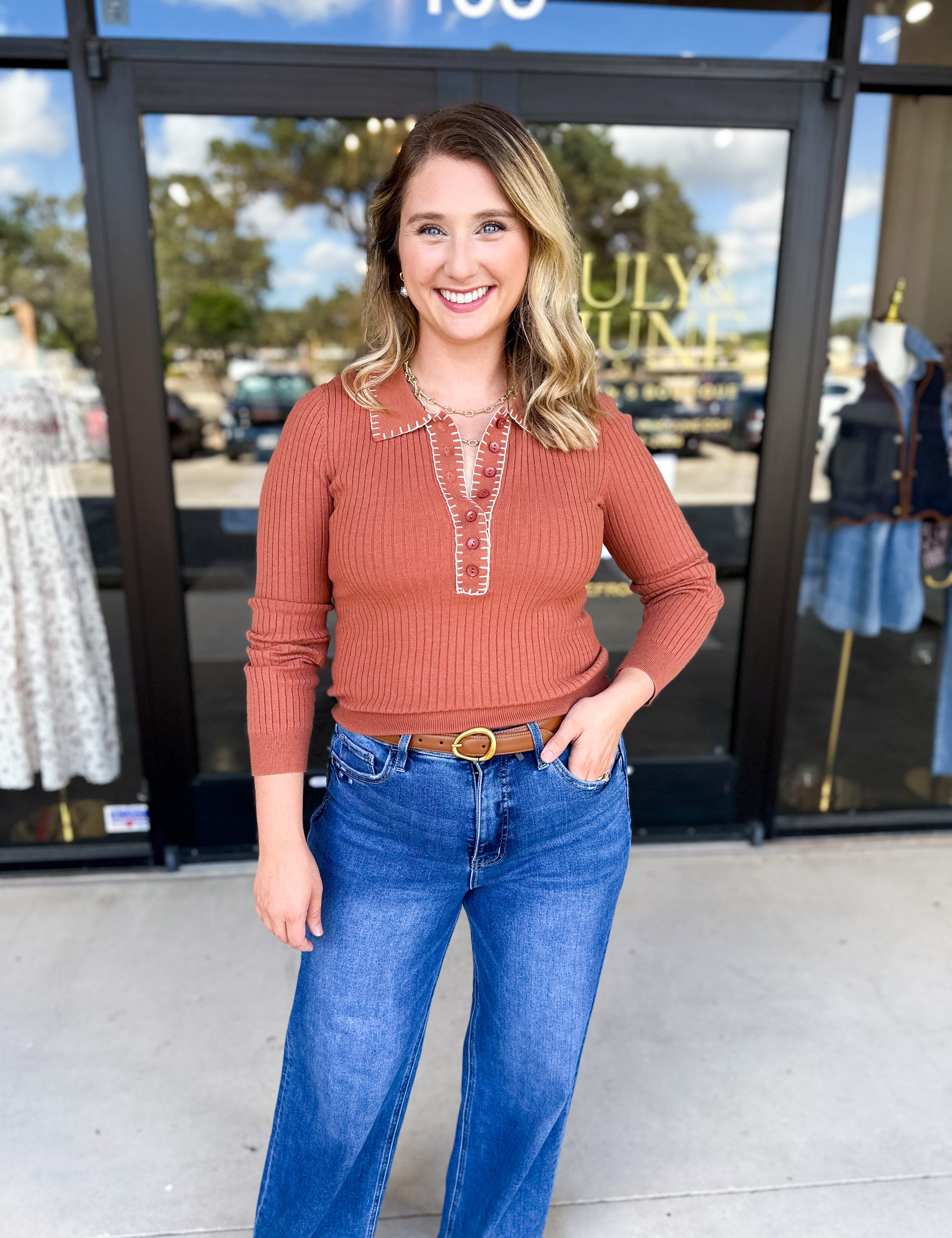 Tailored Knit Long Sleeve - Rust-230 Sweaters/Cardis-LISTICLE-July & June Women's Fashion Boutique Located in San Antonio, Texas