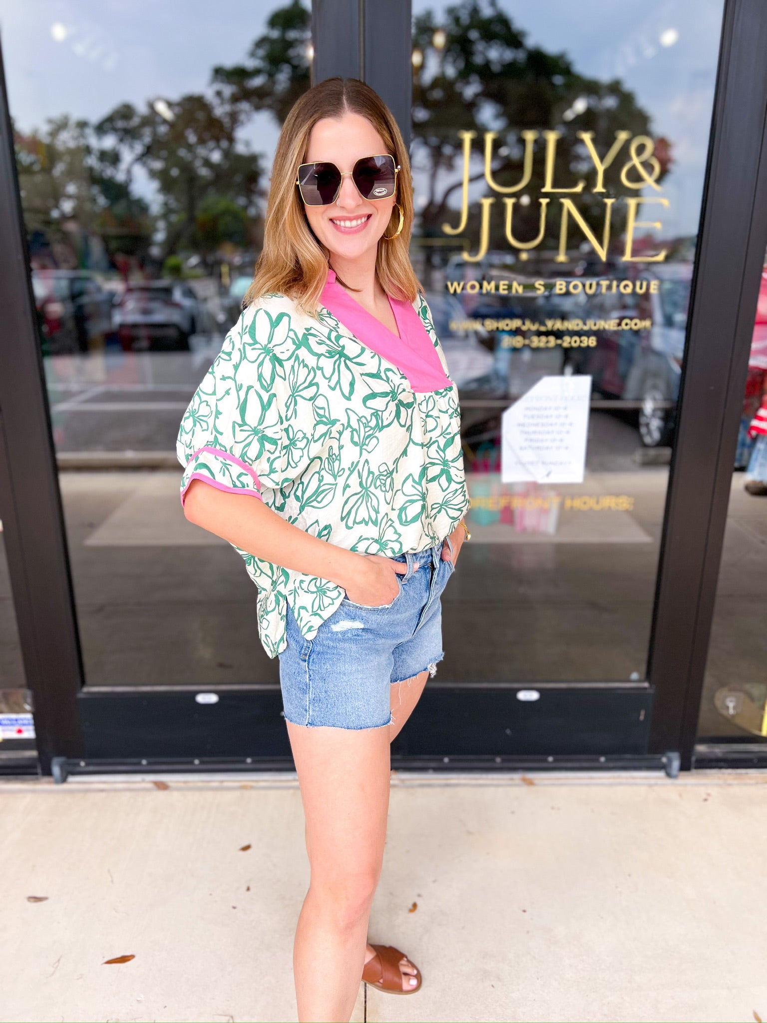 Green & Pink Floral Blouse-200 Fashion Blouses-ENTRO-July & June Women's Fashion Boutique Located in San Antonio, Texas