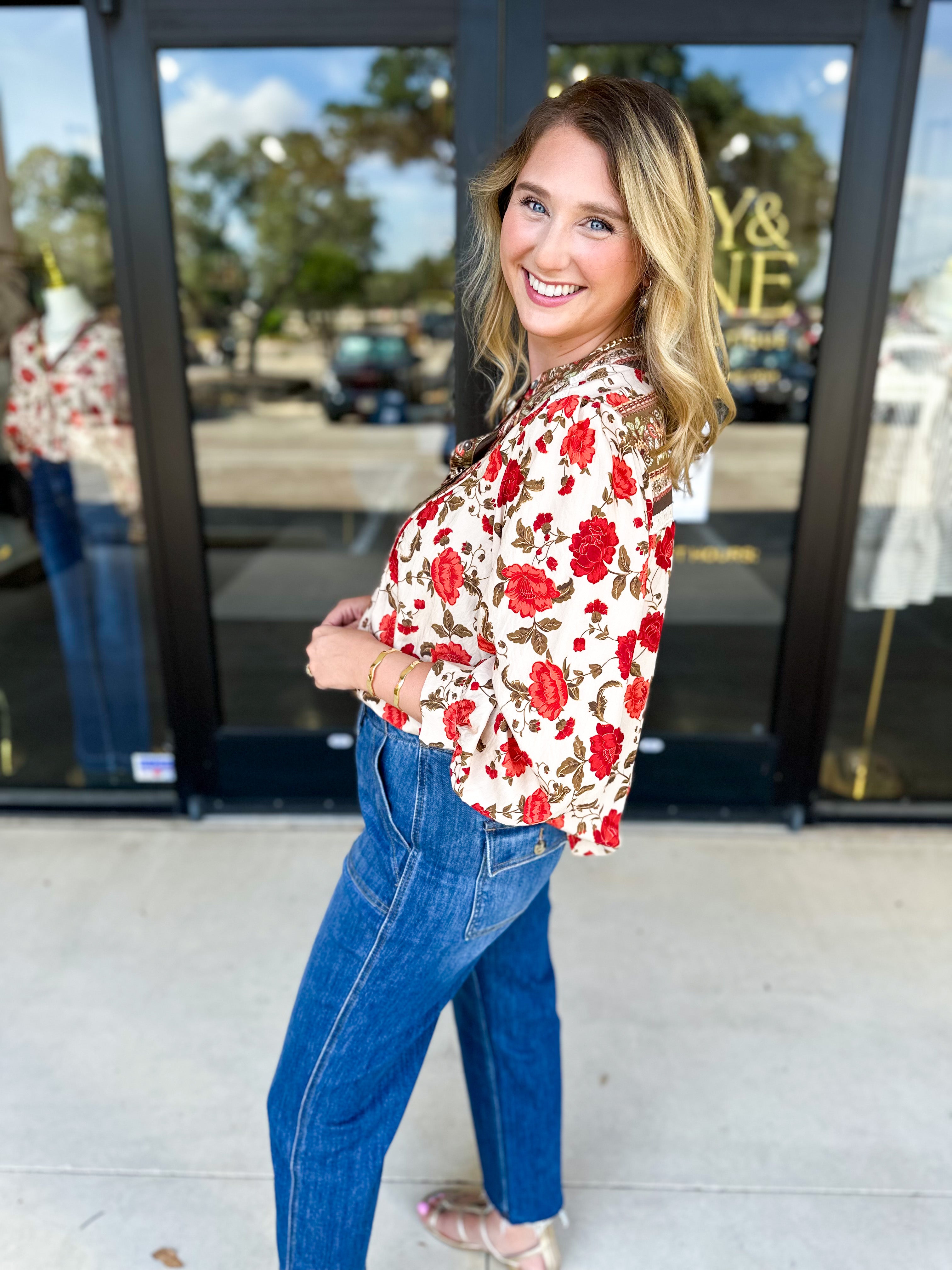 Autumn Floral Blouse-200 Fashion Blouses-ENTRO-July & June Women's Fashion Boutique Located in San Antonio, Texas