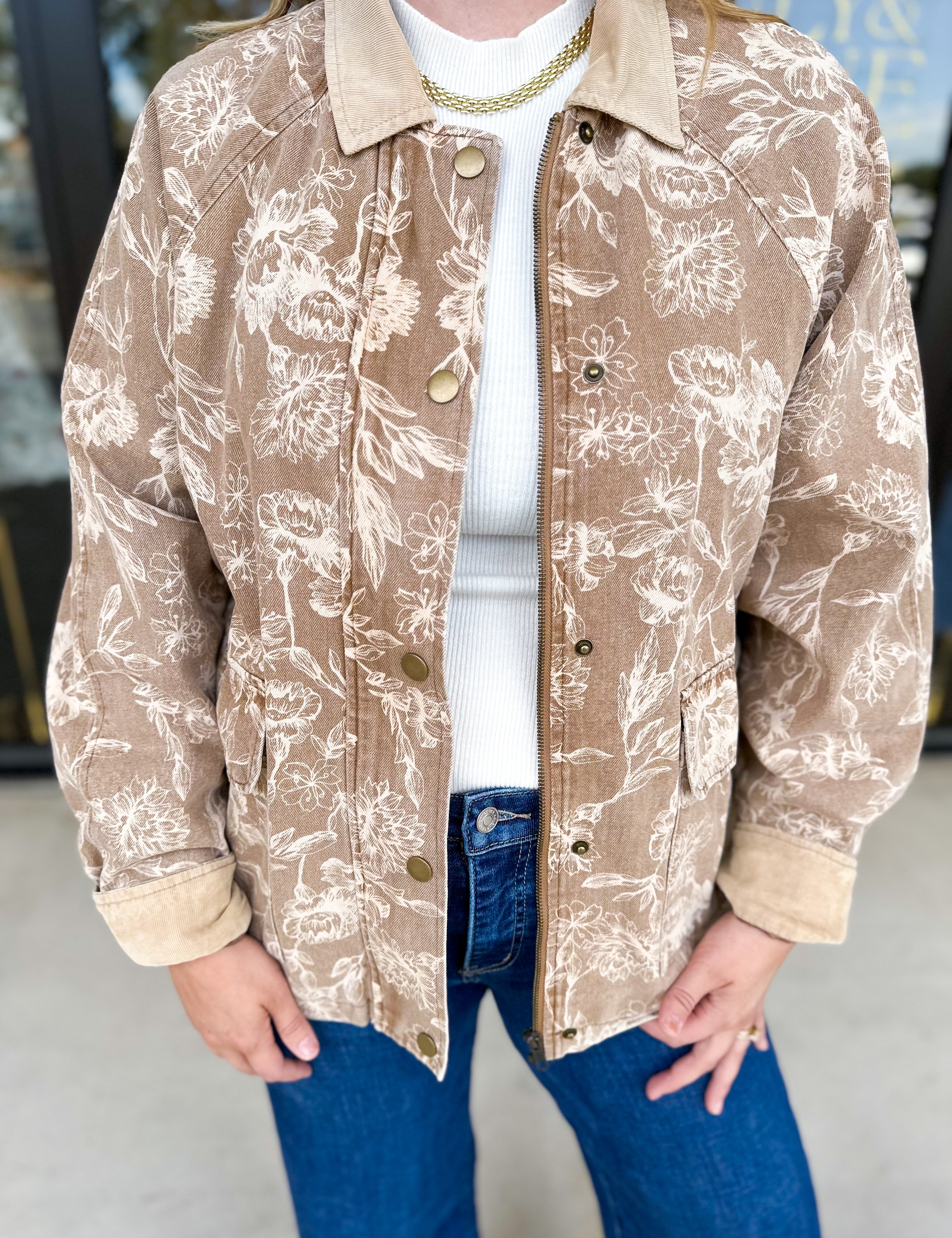 Tan Floral Jacket-600 Outerwear-FATE-July & June Women's Fashion Boutique Located in San Antonio, Texas