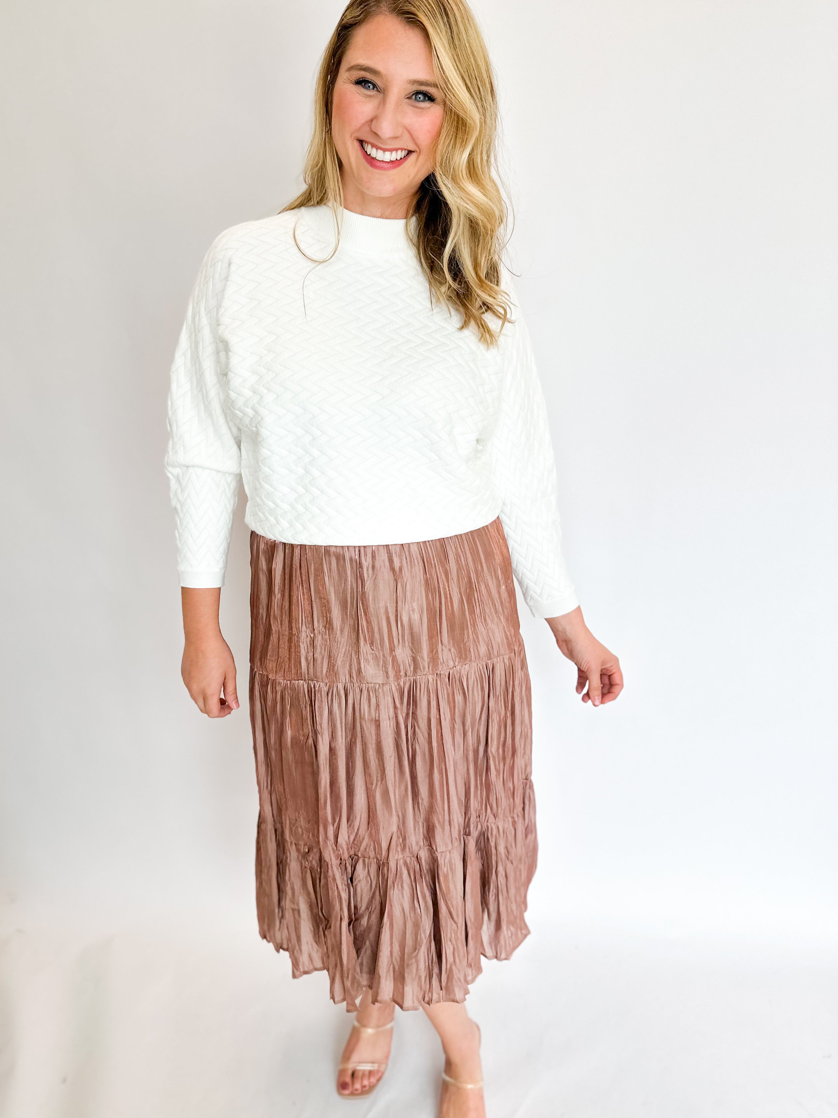 Mocha Shimmer Midi Skirt-410 Shorts/Skirts-ALLIE ROSE-July & June Women's Fashion Boutique Located in San Antonio, Texas