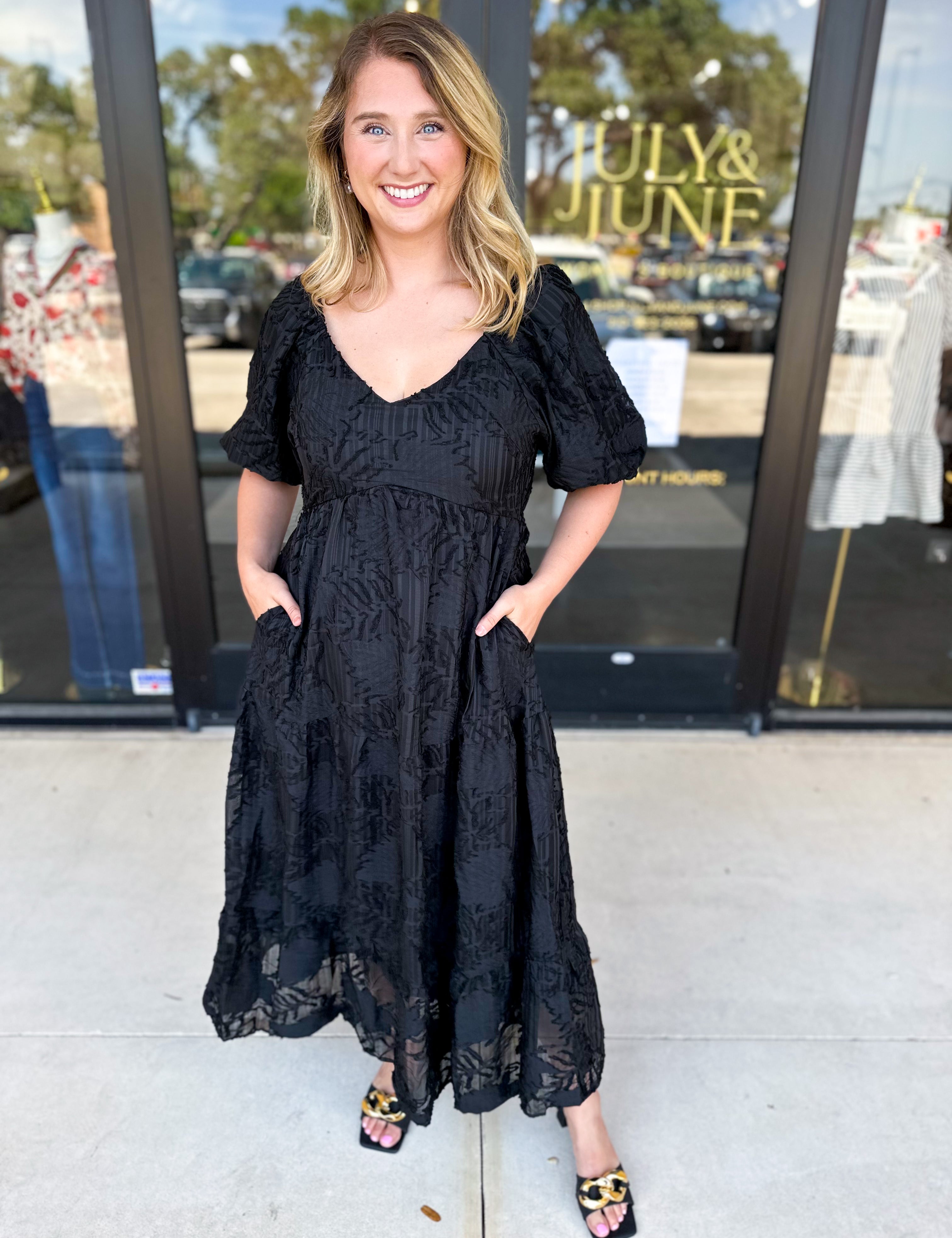 Midnight Textured Midi Dress-500 Midi-POLOGRAM-July & June Women's Fashion Boutique Located in San Antonio, Texas