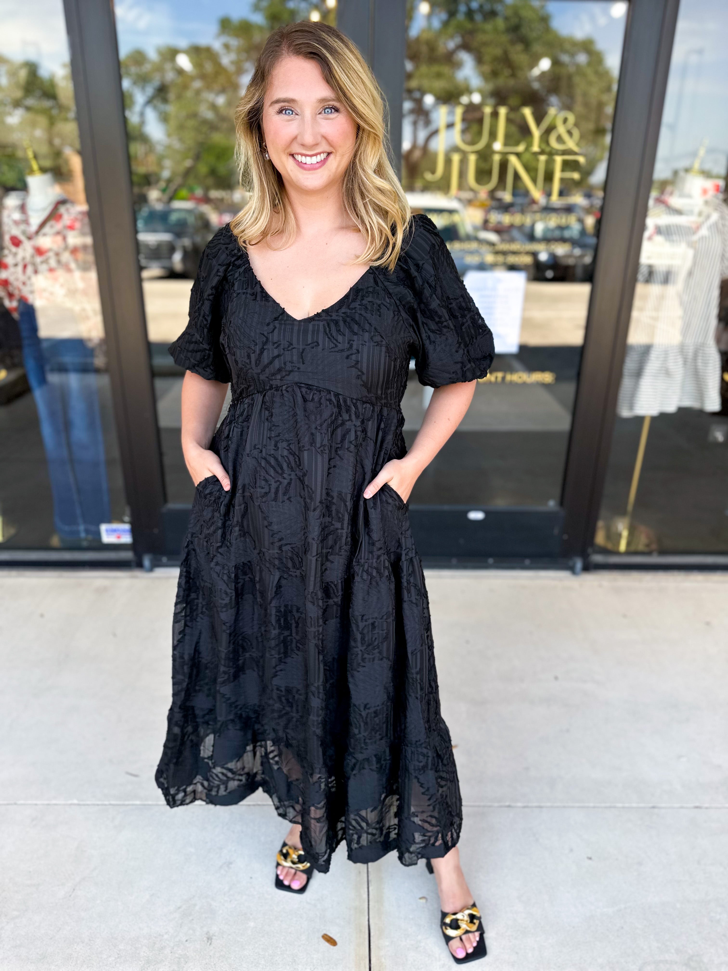 Midnight Textured Midi Dress-500 Midi-POLOGRAM-July & June Women's Fashion Boutique Located in San Antonio, Texas