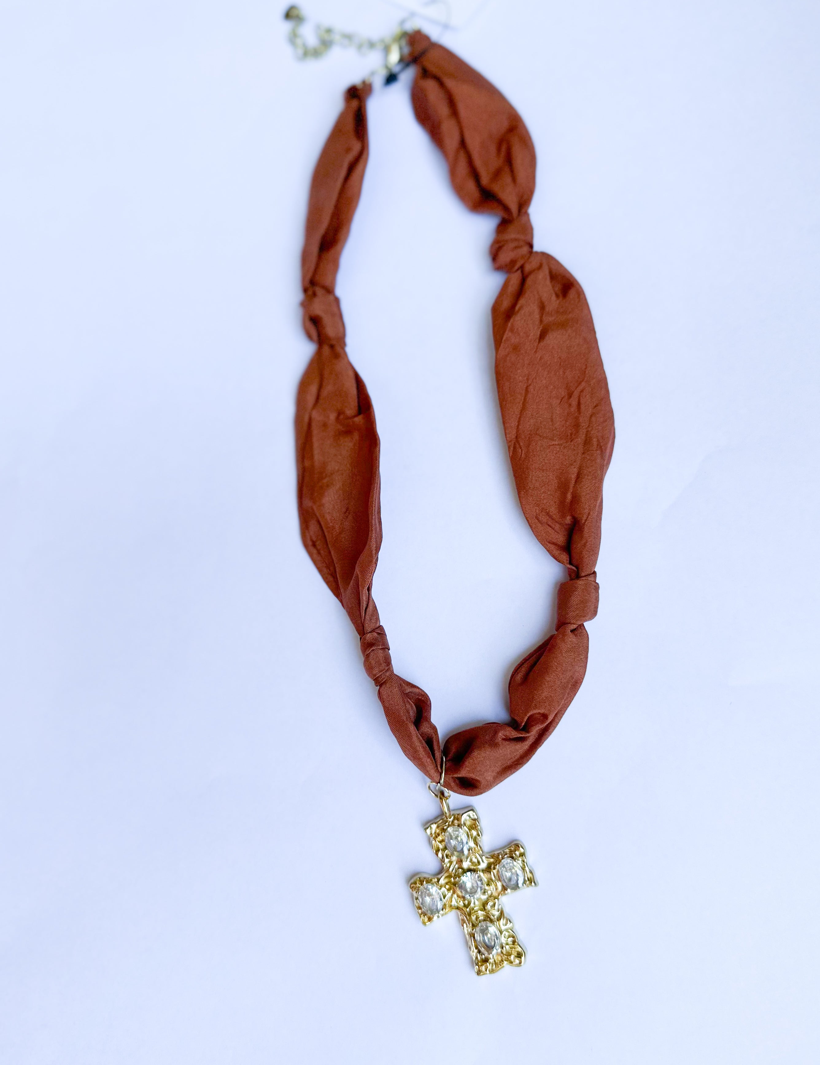 Scarf Necklace - Pumpkin Gold Cross-110 Jewelry & Hair-HART DESIGNS-July & June Women's Fashion Boutique Located in San Antonio, Texas