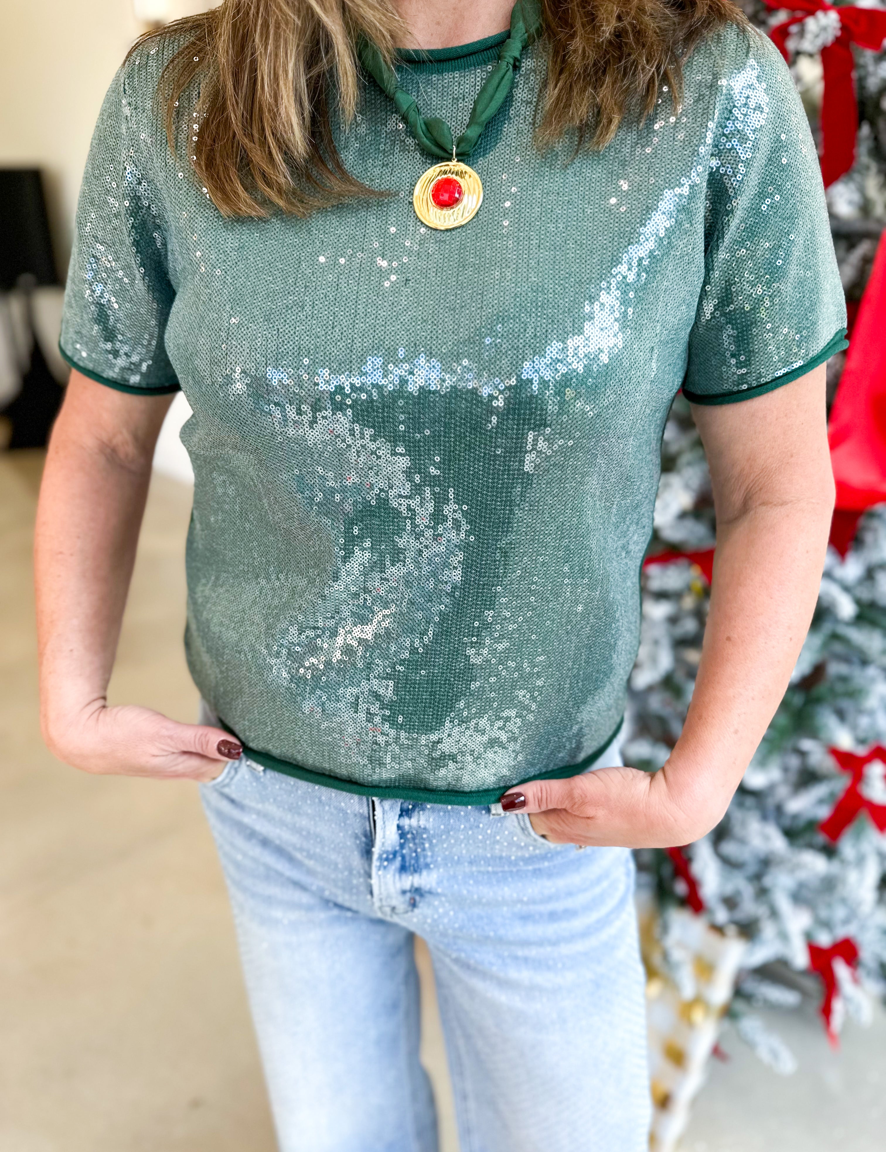 Holiday Party Sweater Top - Hunter Green-200 Fashion Blouses-JODIFL-July & June Women's Fashion Boutique Located in San Antonio, Texas