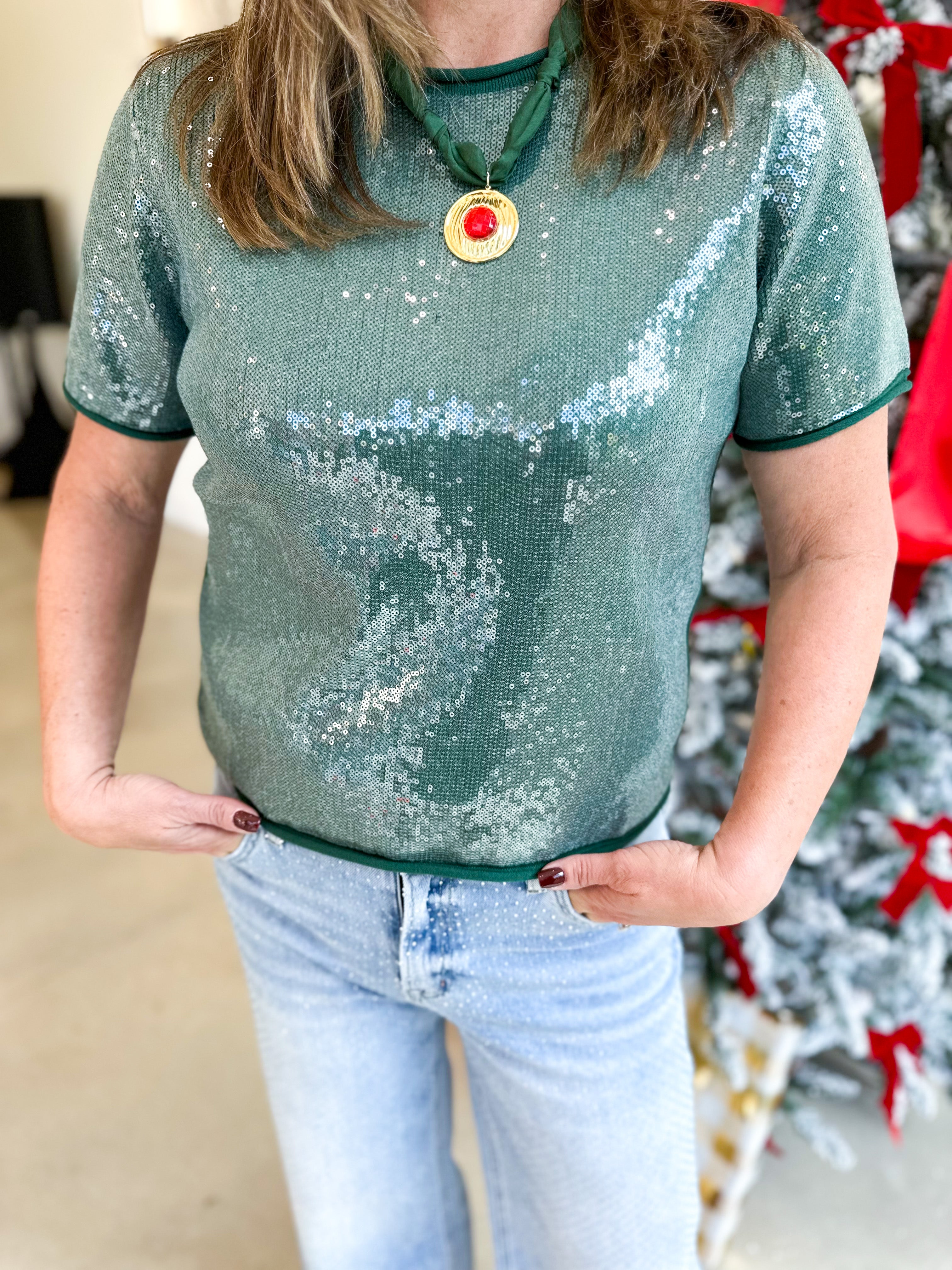 Holiday Party Sweater Top - Hunter Green-200 Fashion Blouses-JODIFL-July & June Women's Fashion Boutique Located in San Antonio, Texas
