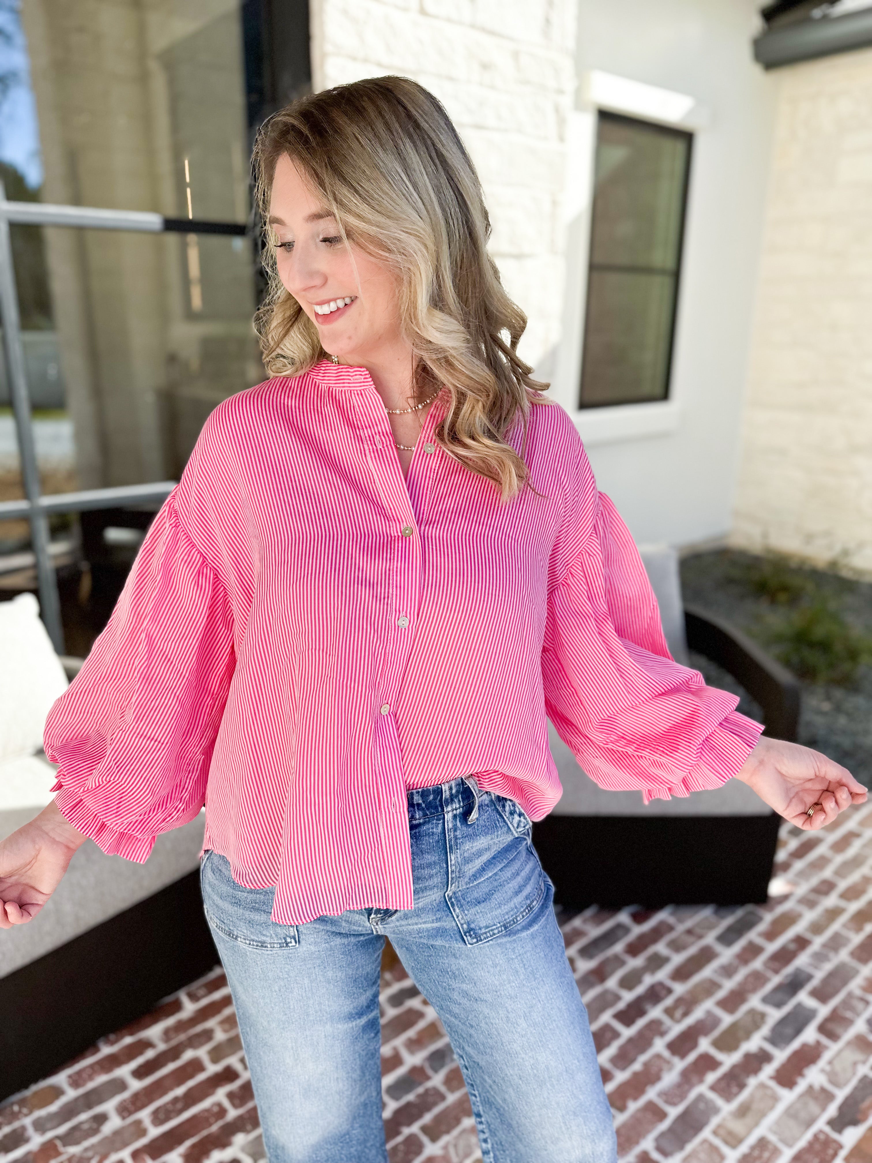 Pinstripe Bubble Sleeve Blouse - Pink-200 Fashion Blouses-FATE-July & June Women's Fashion Boutique Located in San Antonio, Texas