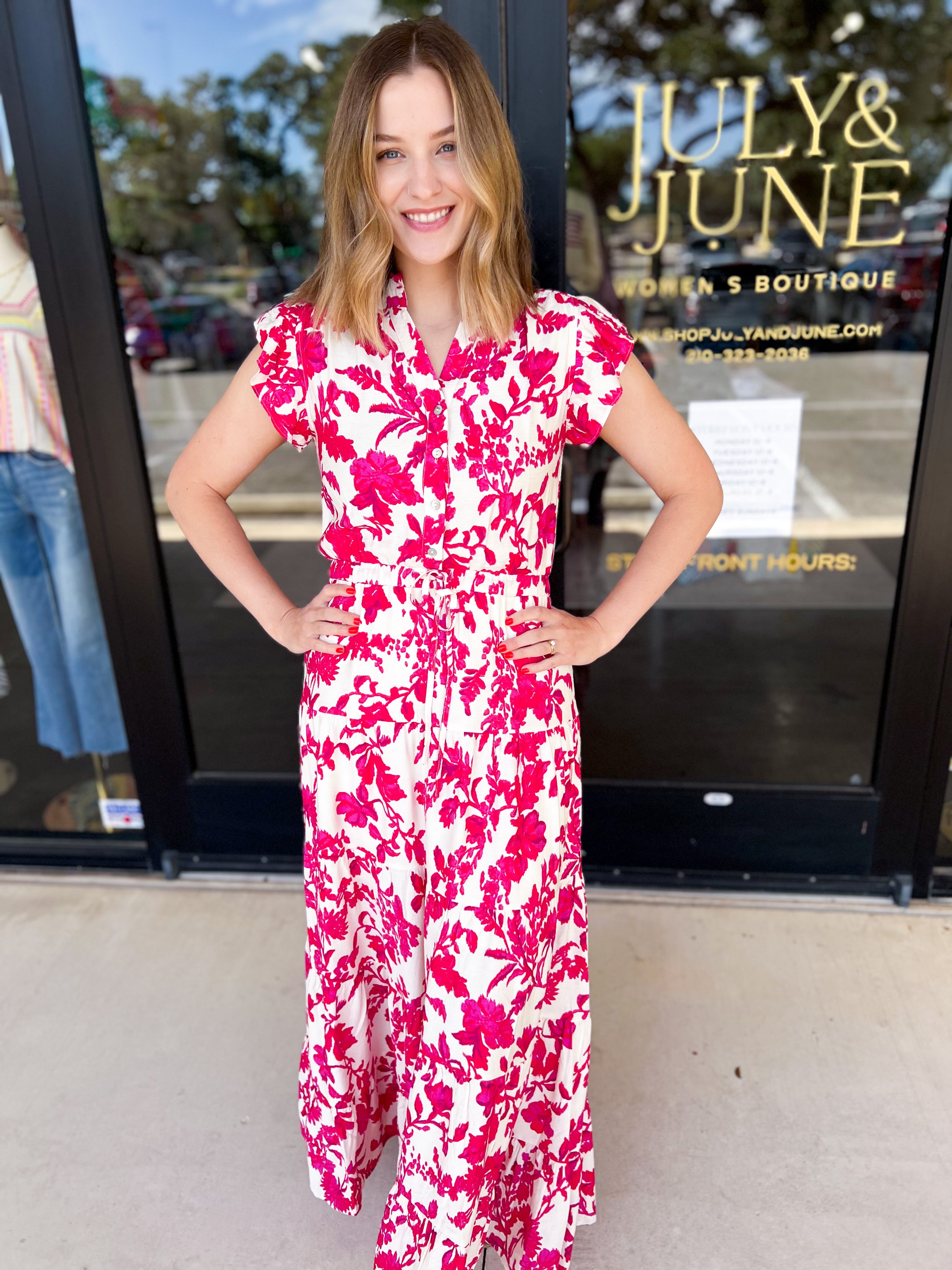 Deep Pink Floral Midi Dress-500 Midi-PINCH-July & June Women's Fashion Boutique Located in San Antonio, Texas