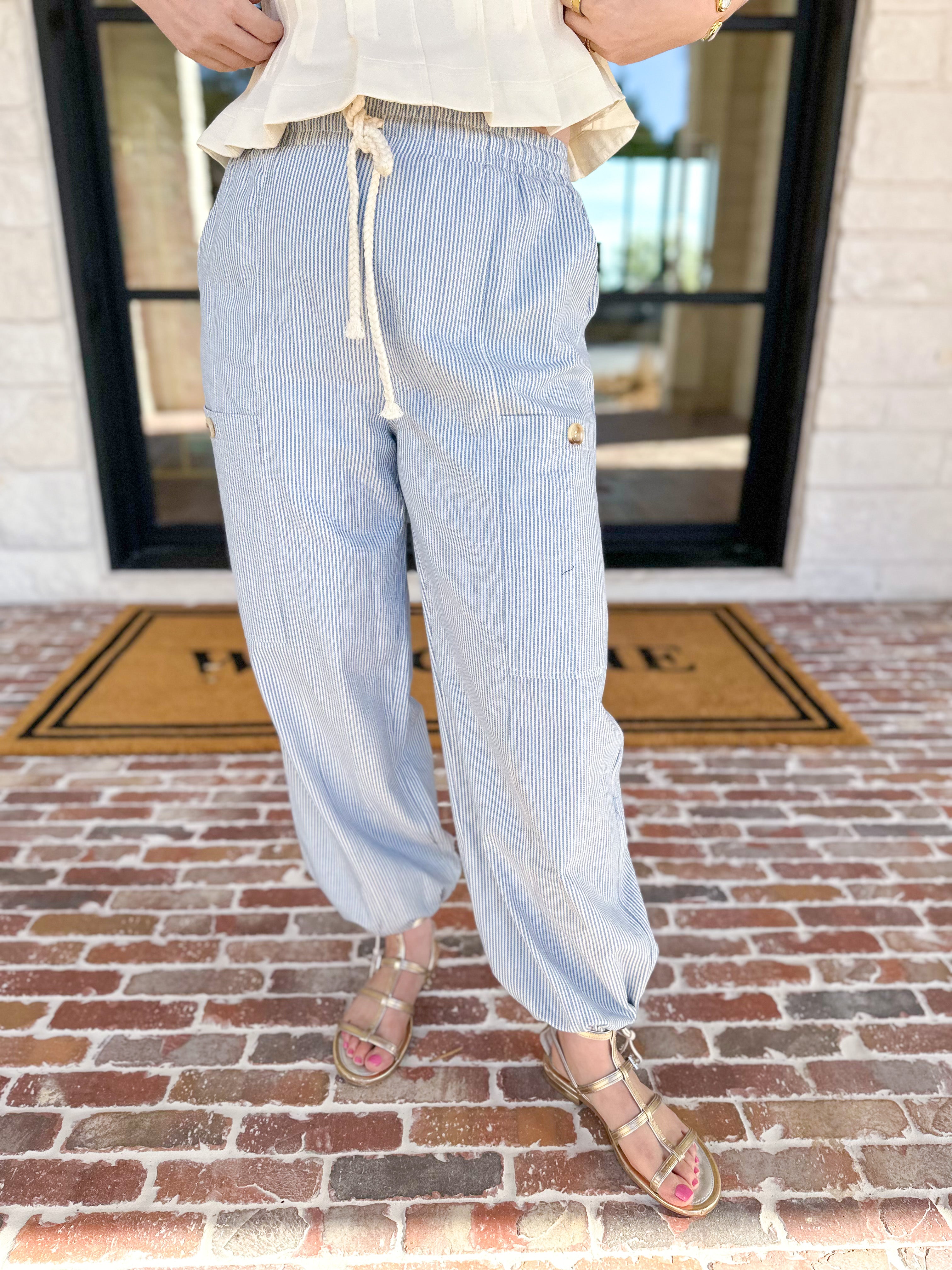 Striped Twill Elastic Barrel Pants-400 Pants-ALLIE ROSE-July & June Women's Fashion Boutique Located in San Antonio, Texas